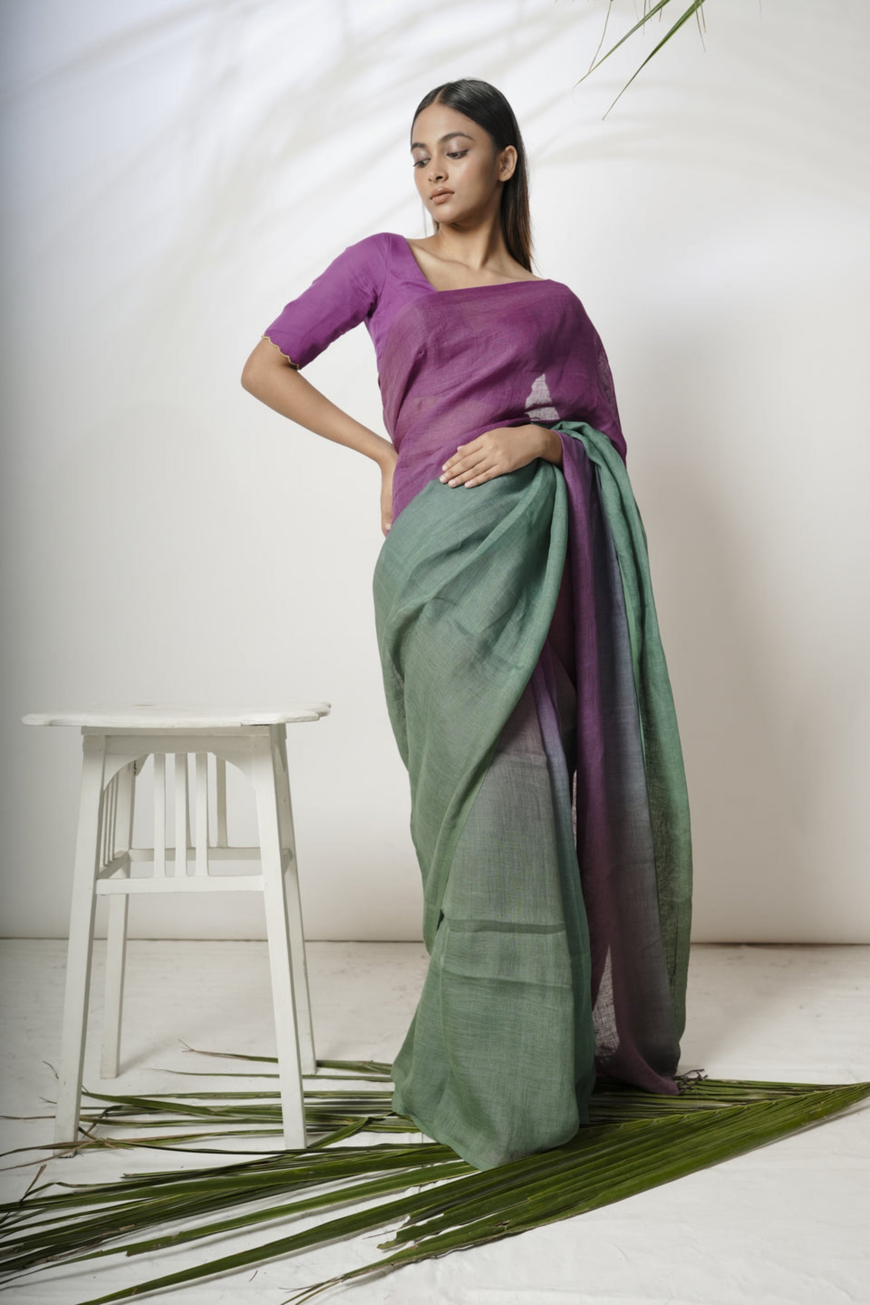 Meher I Green and Purple Linen Saree