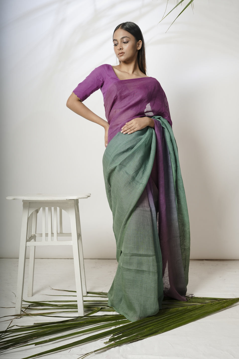 Meher I Green and Purple Linen Saree