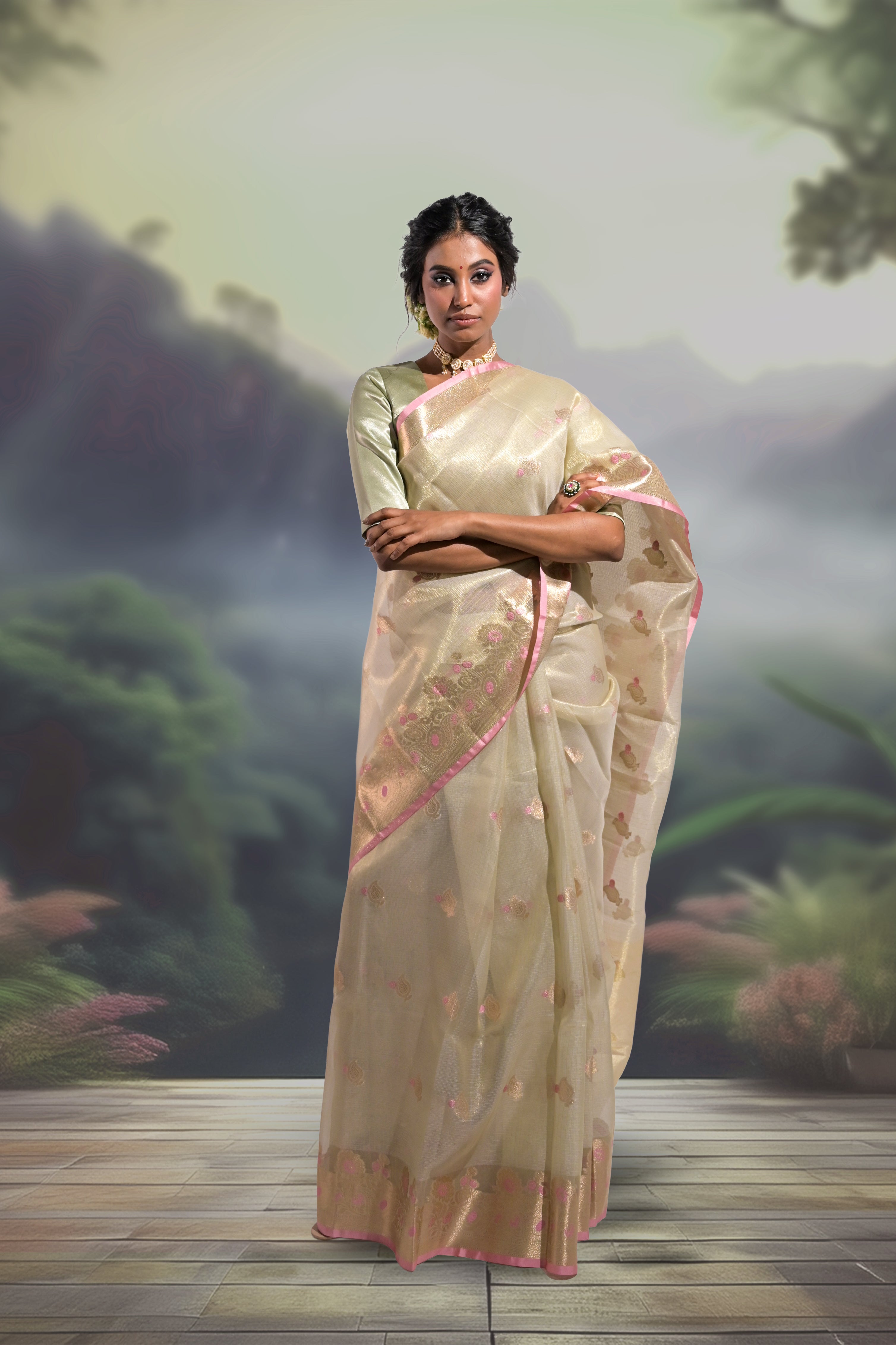 Chandana I Ivory Handloom Tissue Kota Banarasi Saree