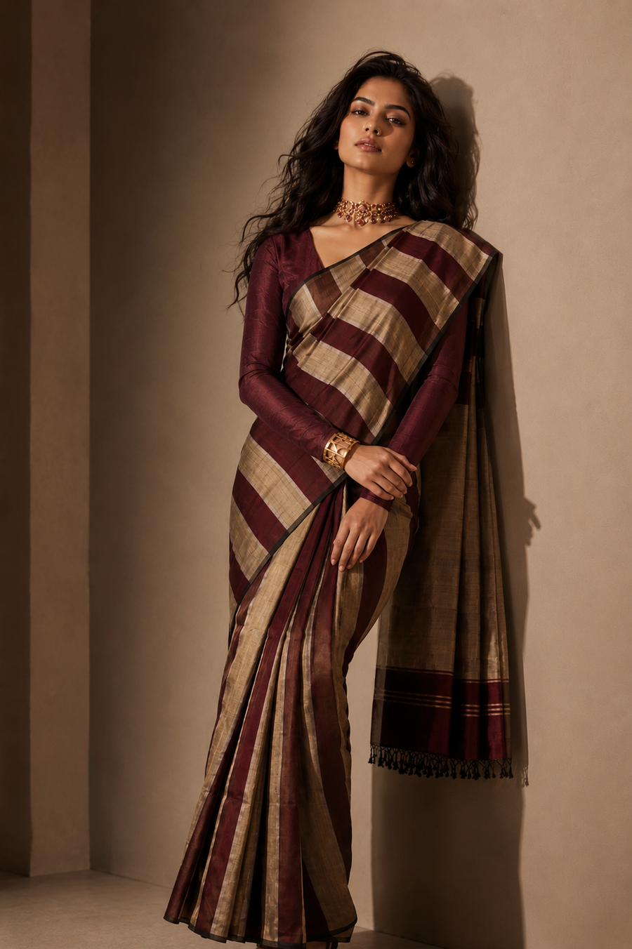 Tamrali – Coffee Brown Maheshwari Silk Saree with Wide Antique Gold Zari Stripes