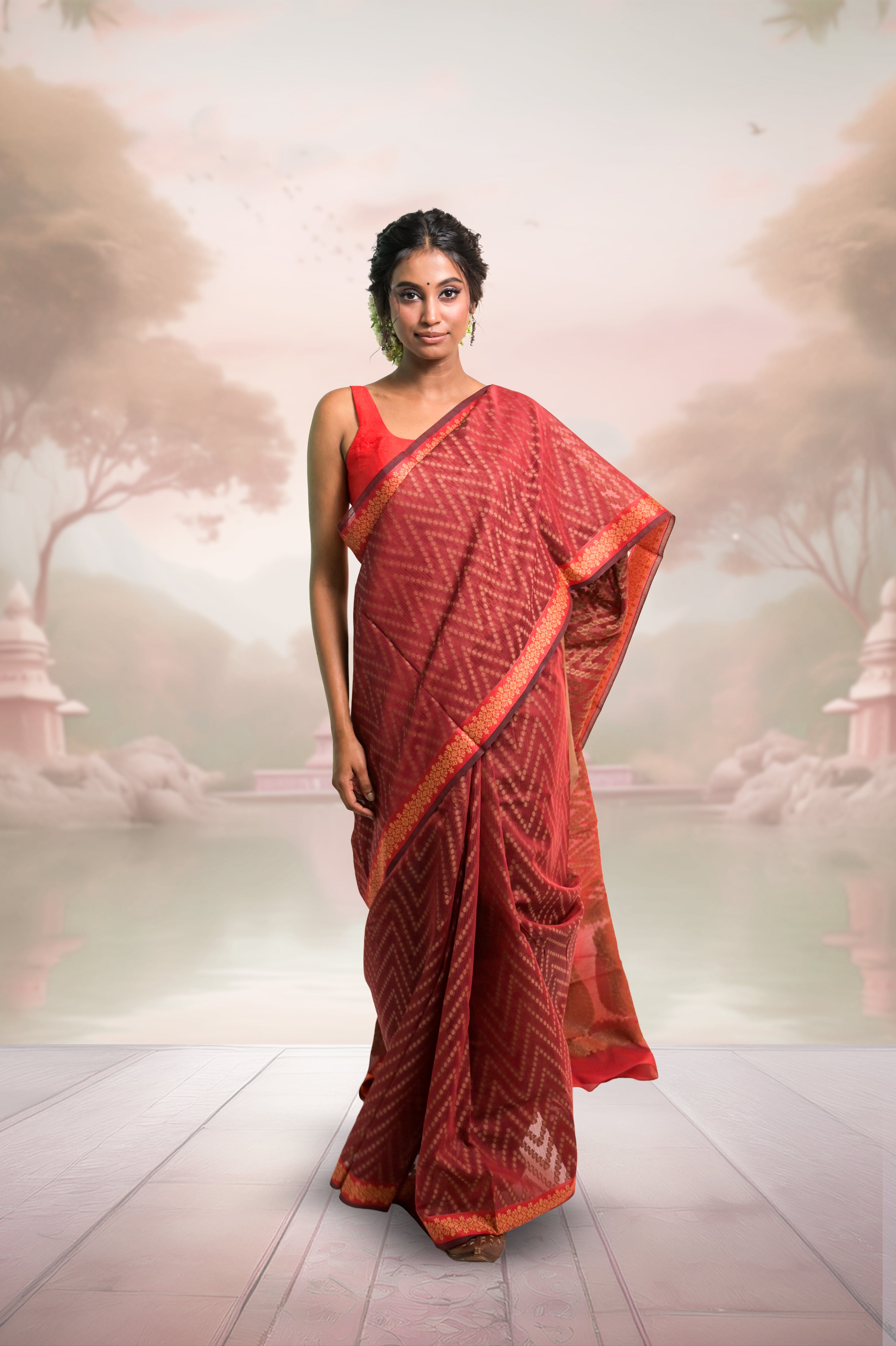 Chhavi I Maroon Handloom Cotton Saree with Floral Banarasi Border