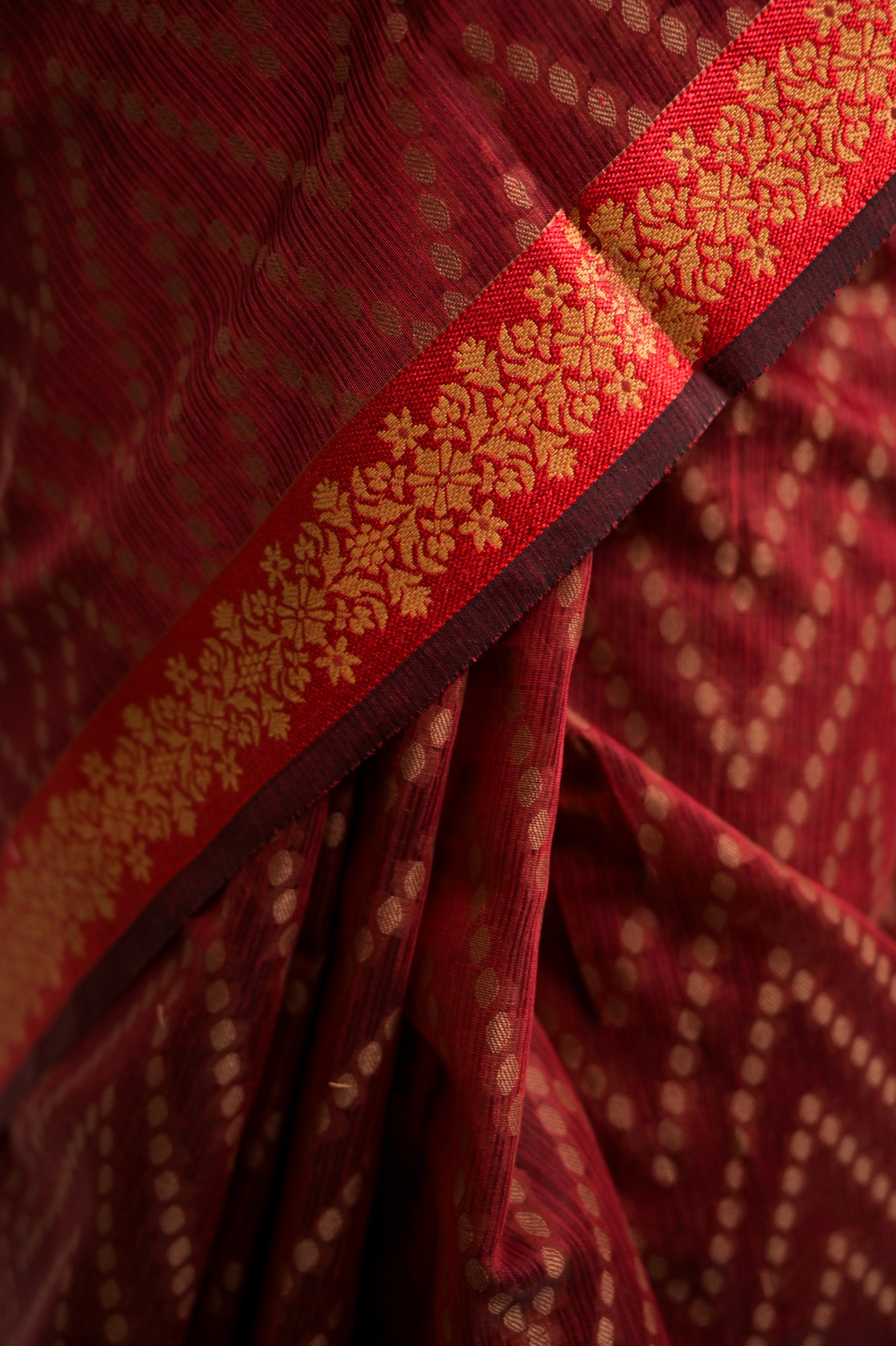 Chhavi I Maroon Handloom Cotton Saree with Floral Banarasi Border