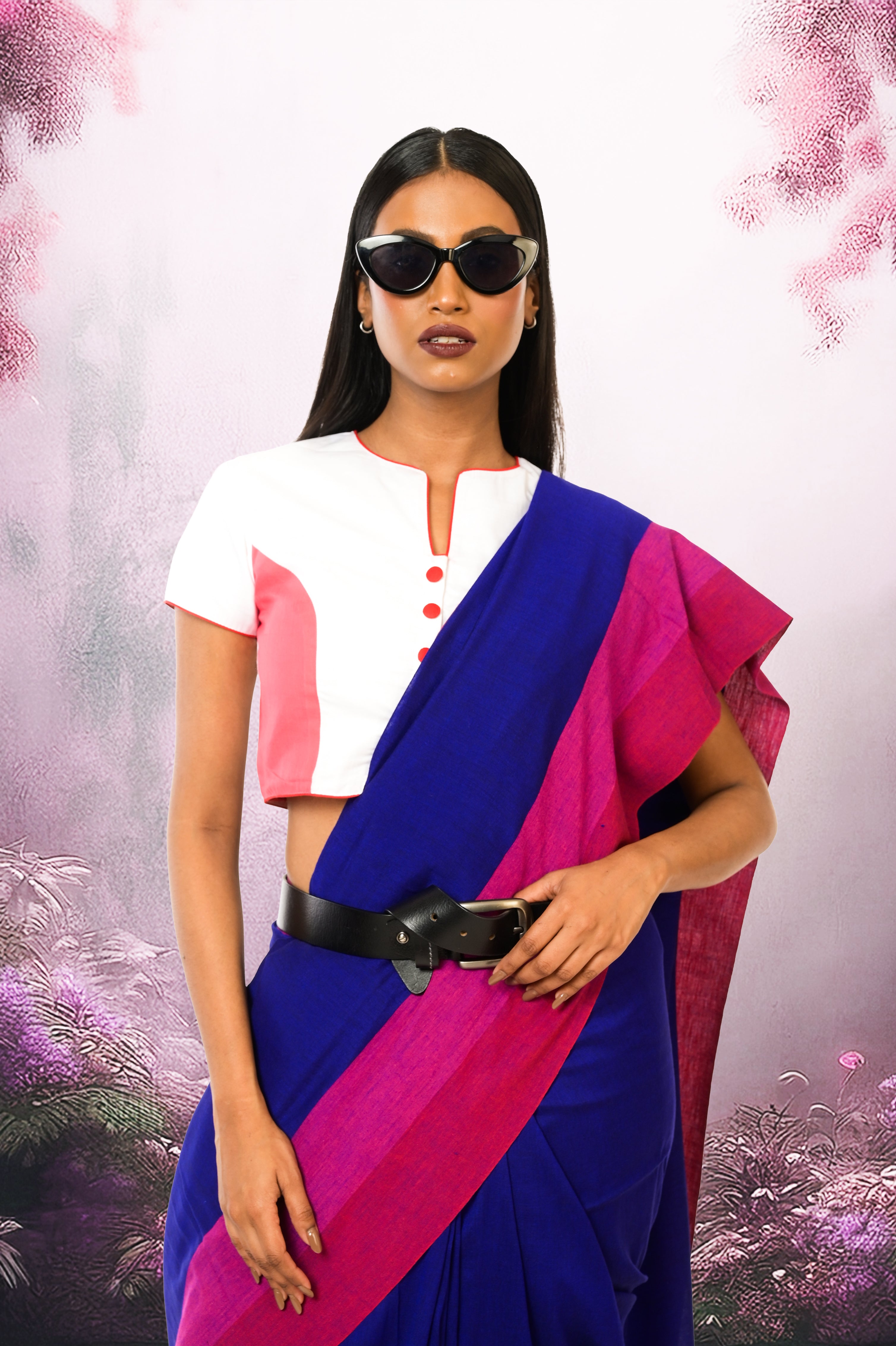 Cobalt Charm I Blue Handloom Acrylic Cotton Saree with Red and Pink Border