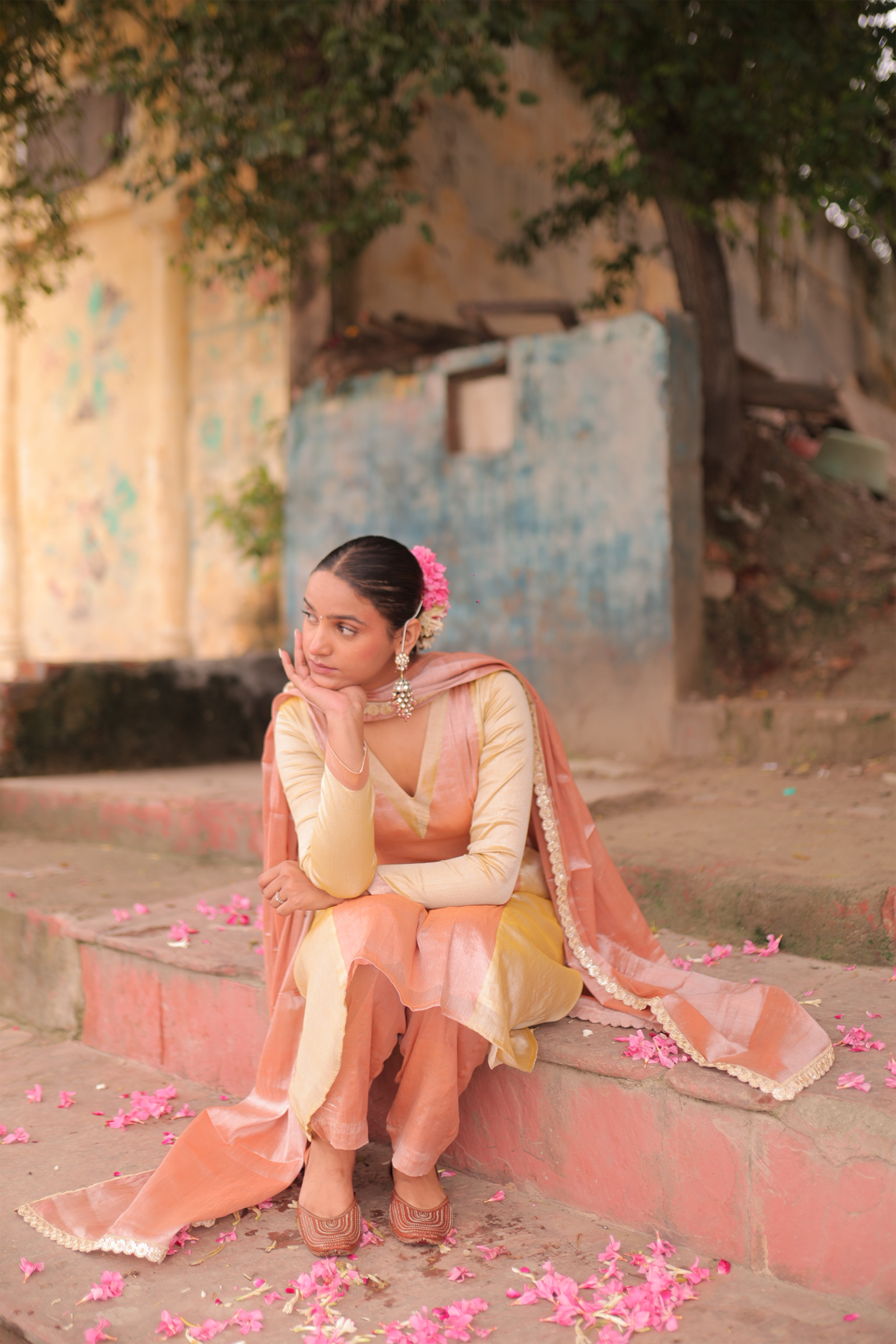 Amaraya I Neon orange and  neon yellow double colour Handloom Tissue Kurta pant set with Dupatta