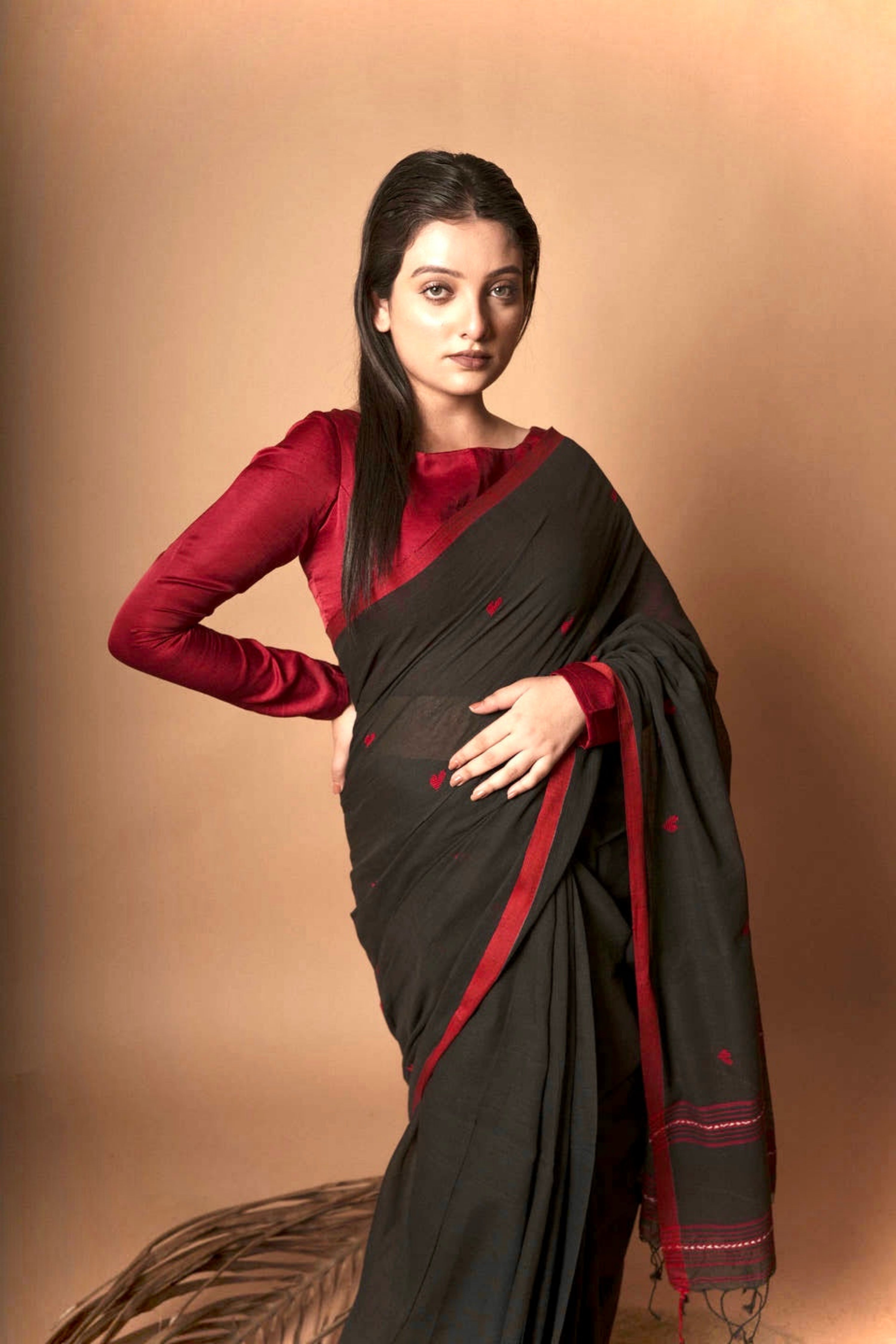 Nocturne I  Black cotton saree with red heart motifs