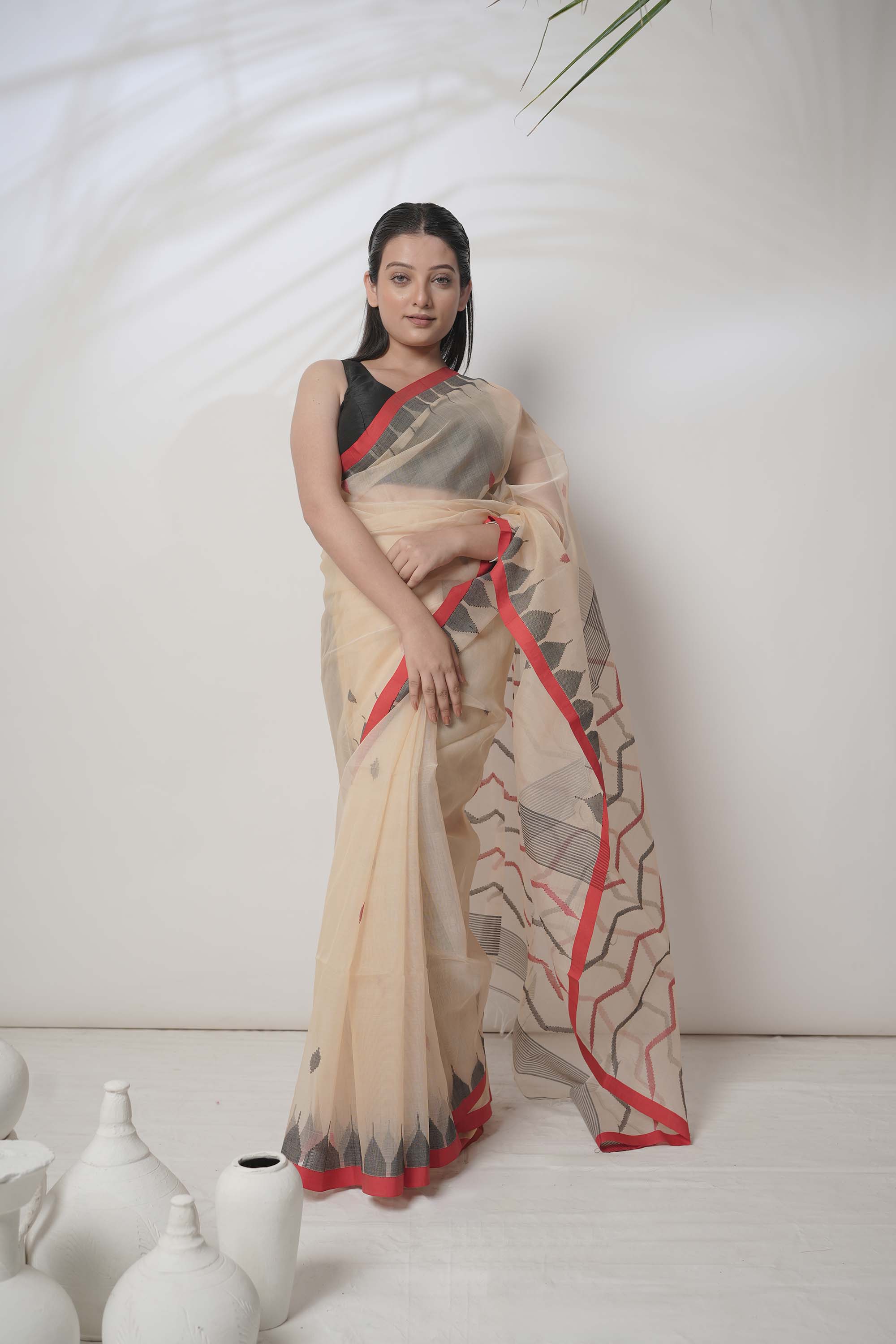 Rani Mahal I Beige silk handloom saree with red border