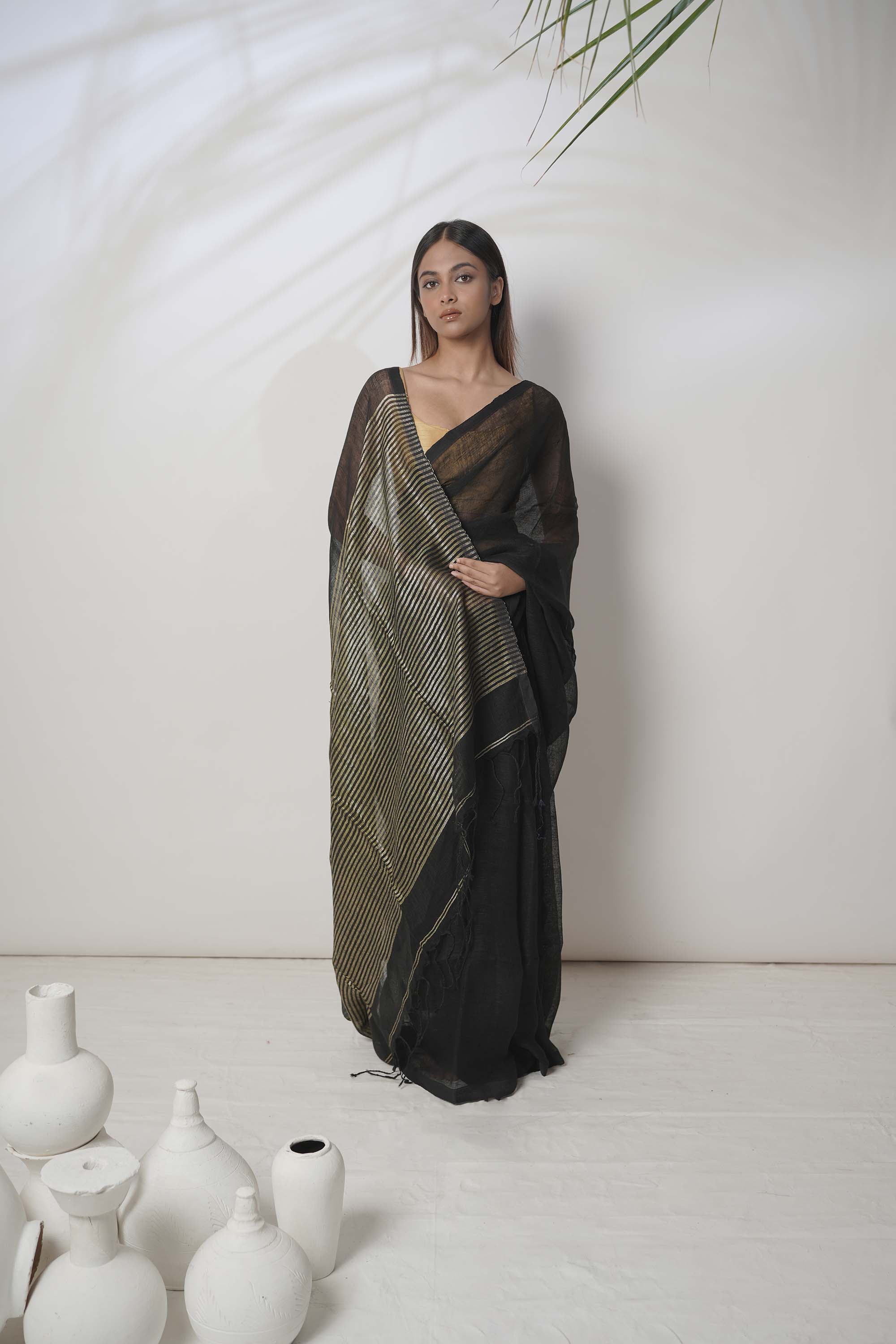 Kajal I Black Handloom Linen Saree