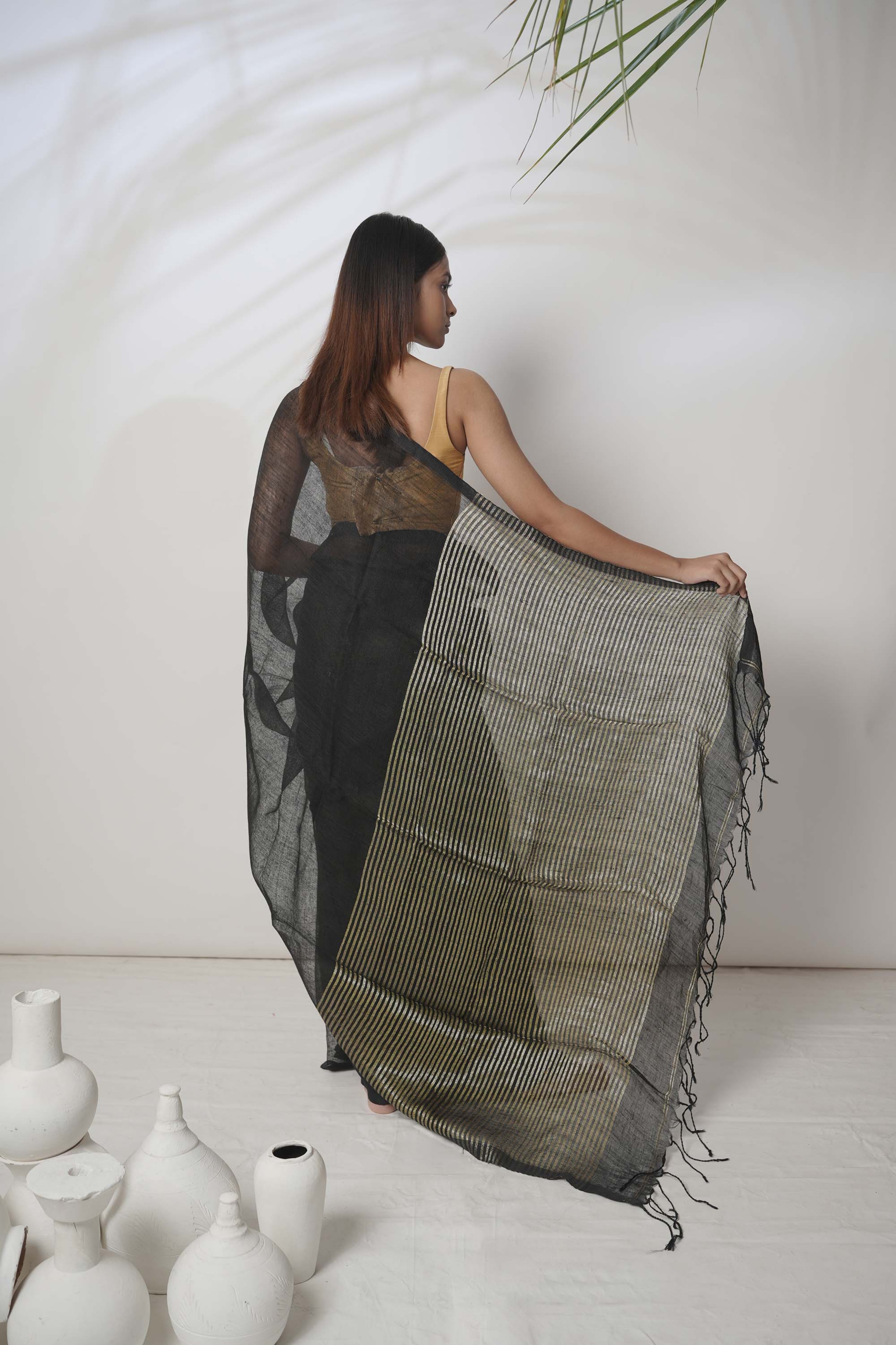 Kajal I Black Handloom Linen Saree