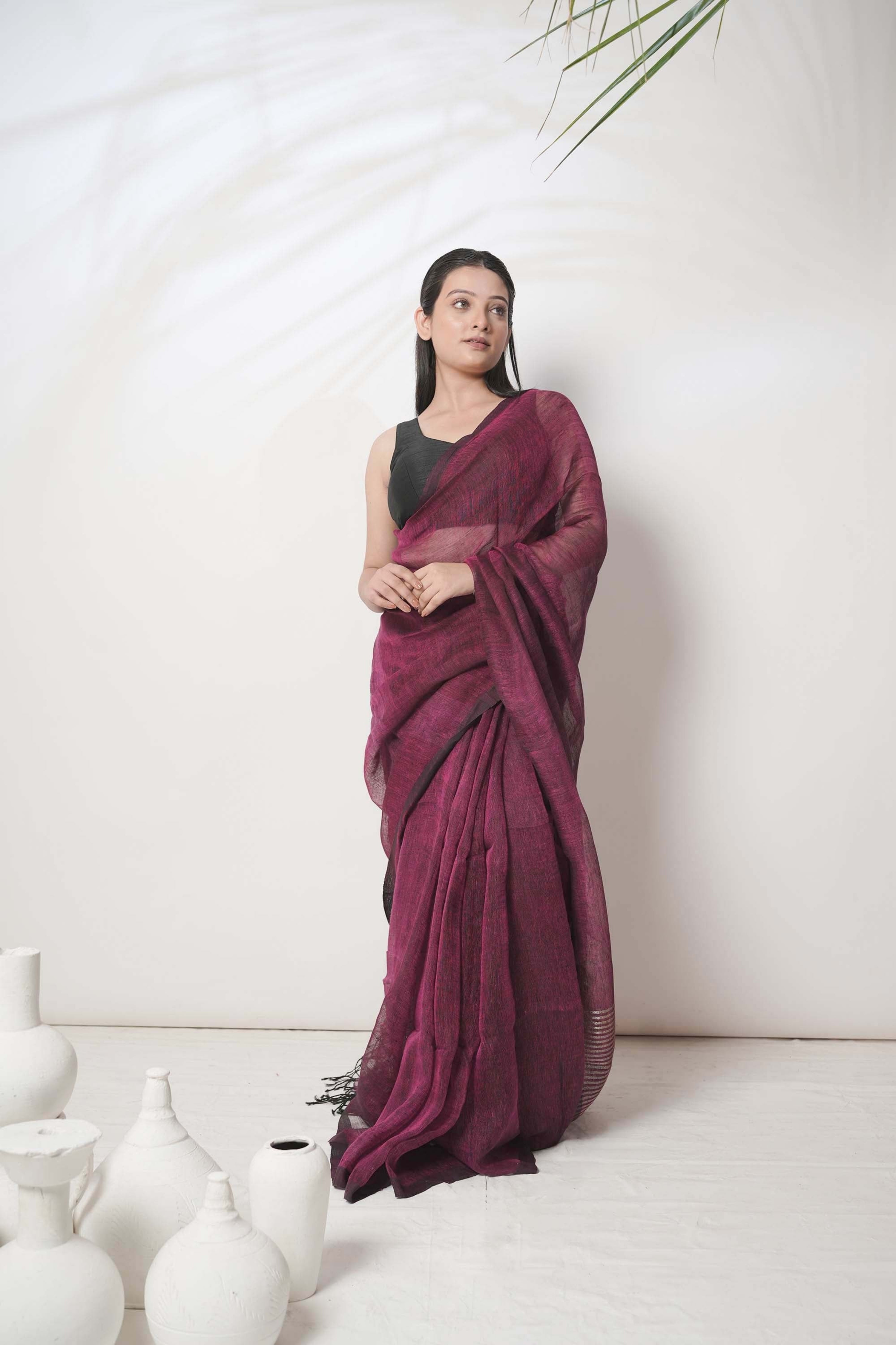 magenta-handloom-linen-saree