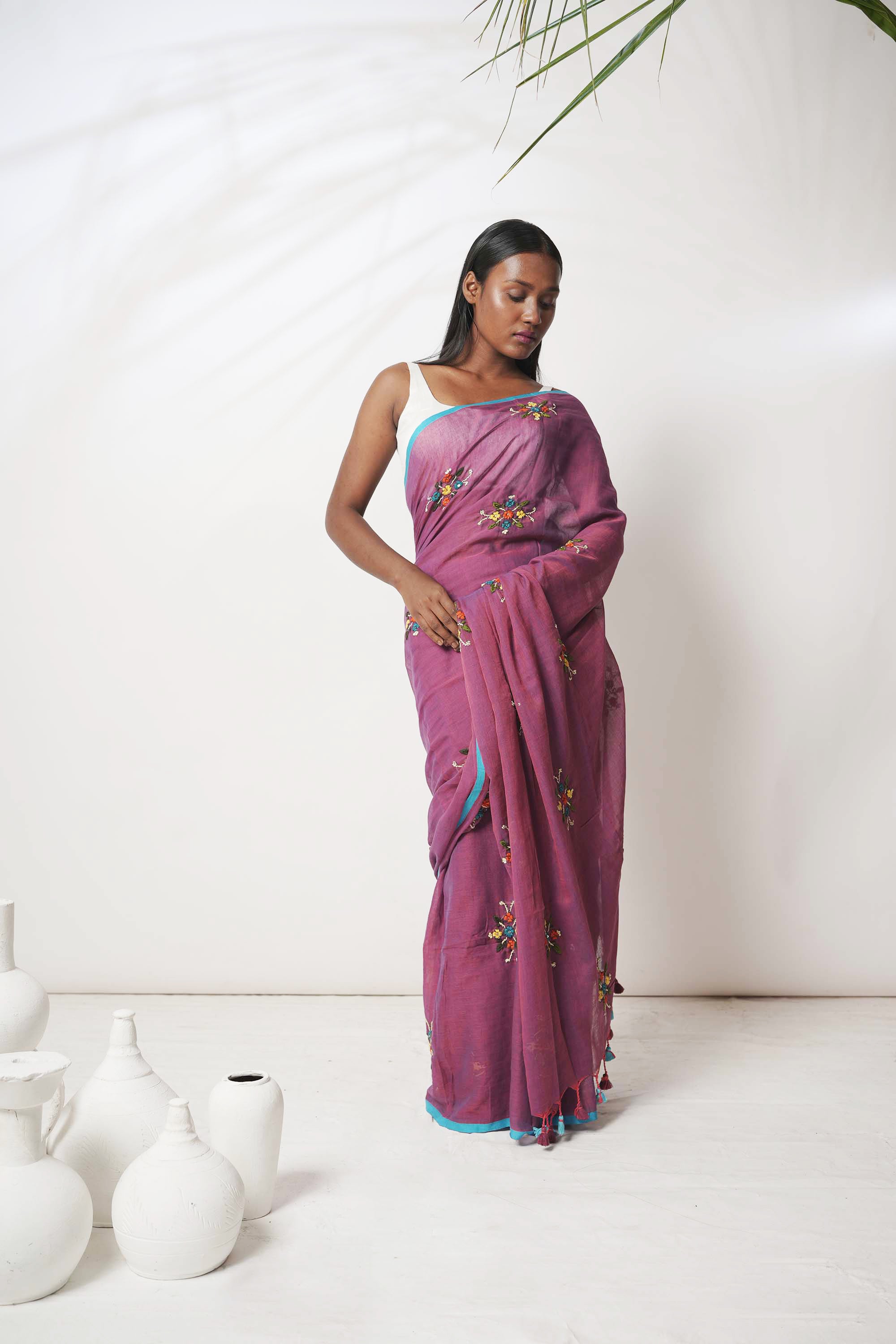 Jaamun Sherbet I Purple Mul Cotton Saree with Floral Embroidery