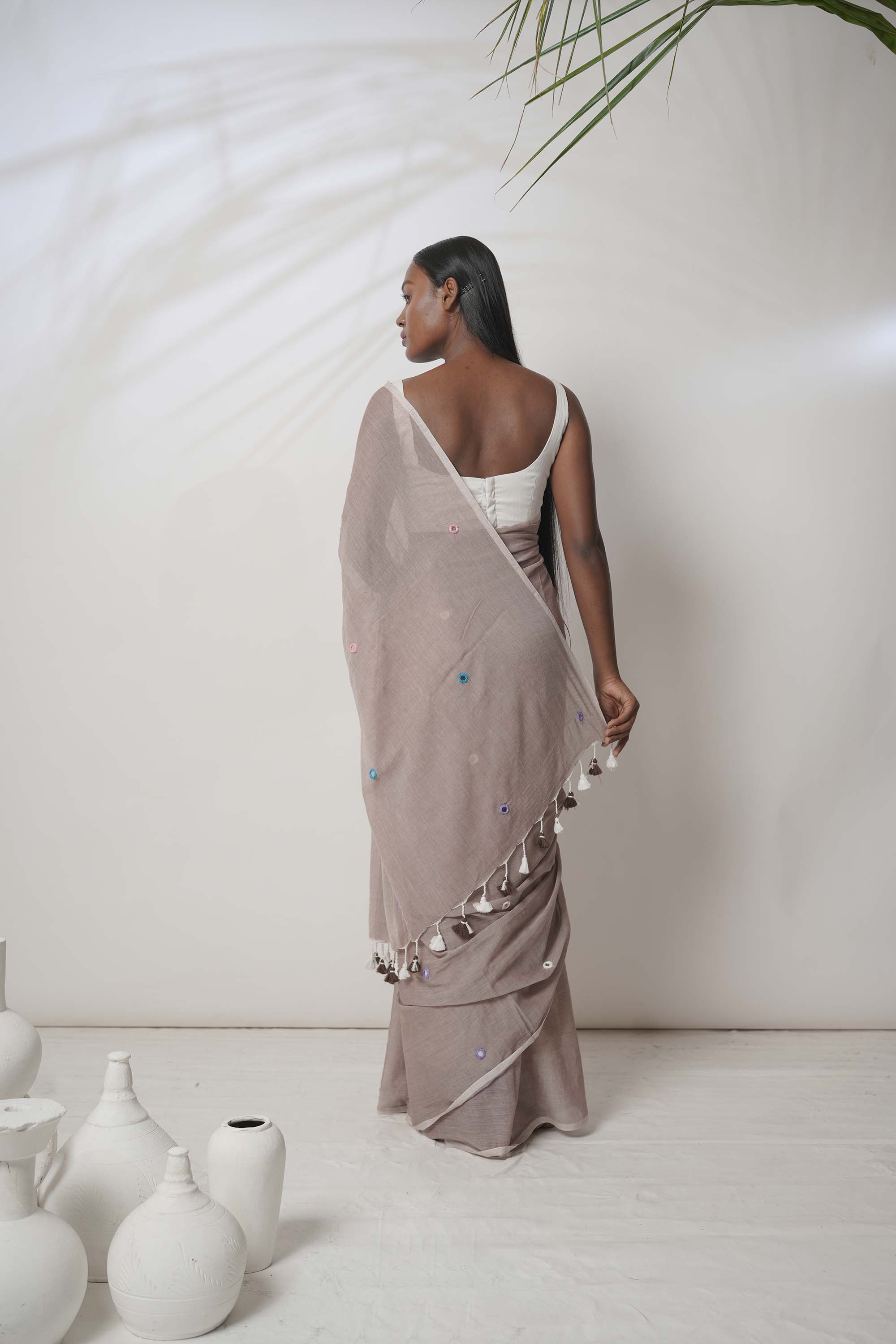 Desi Daisy I Light Brown handloom cotton saree with mirror embroidery