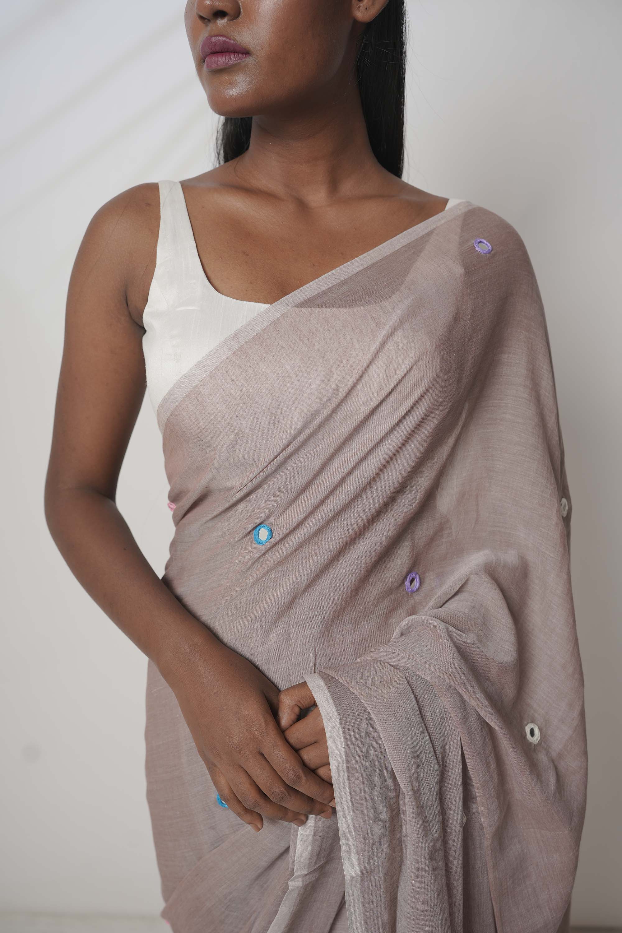 Desi Daisy I Light Brown handloom cotton saree with mirror embroidery