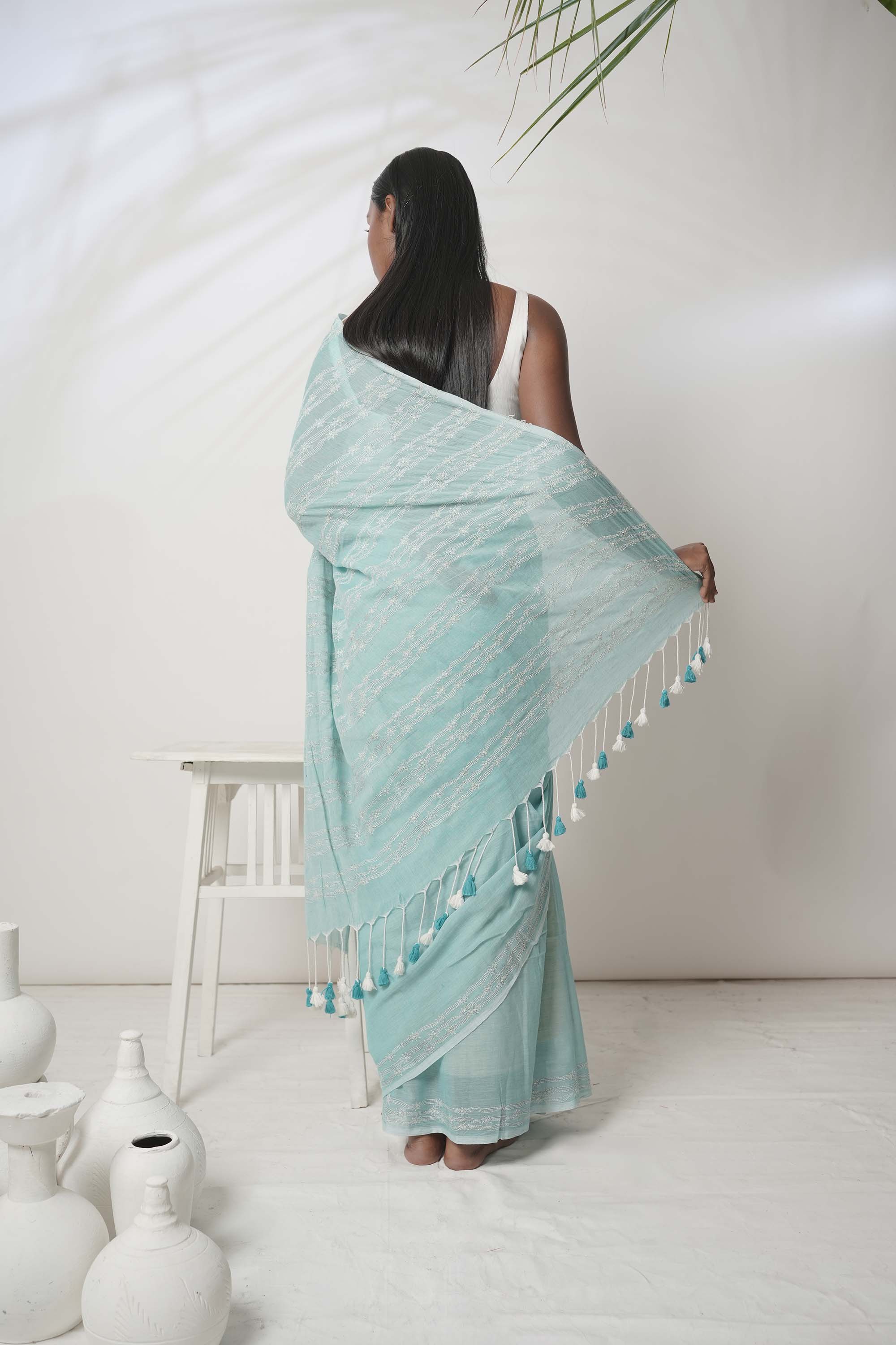 Neel Chandrima I Light Blue handloom cotton saree with kantha embroidery