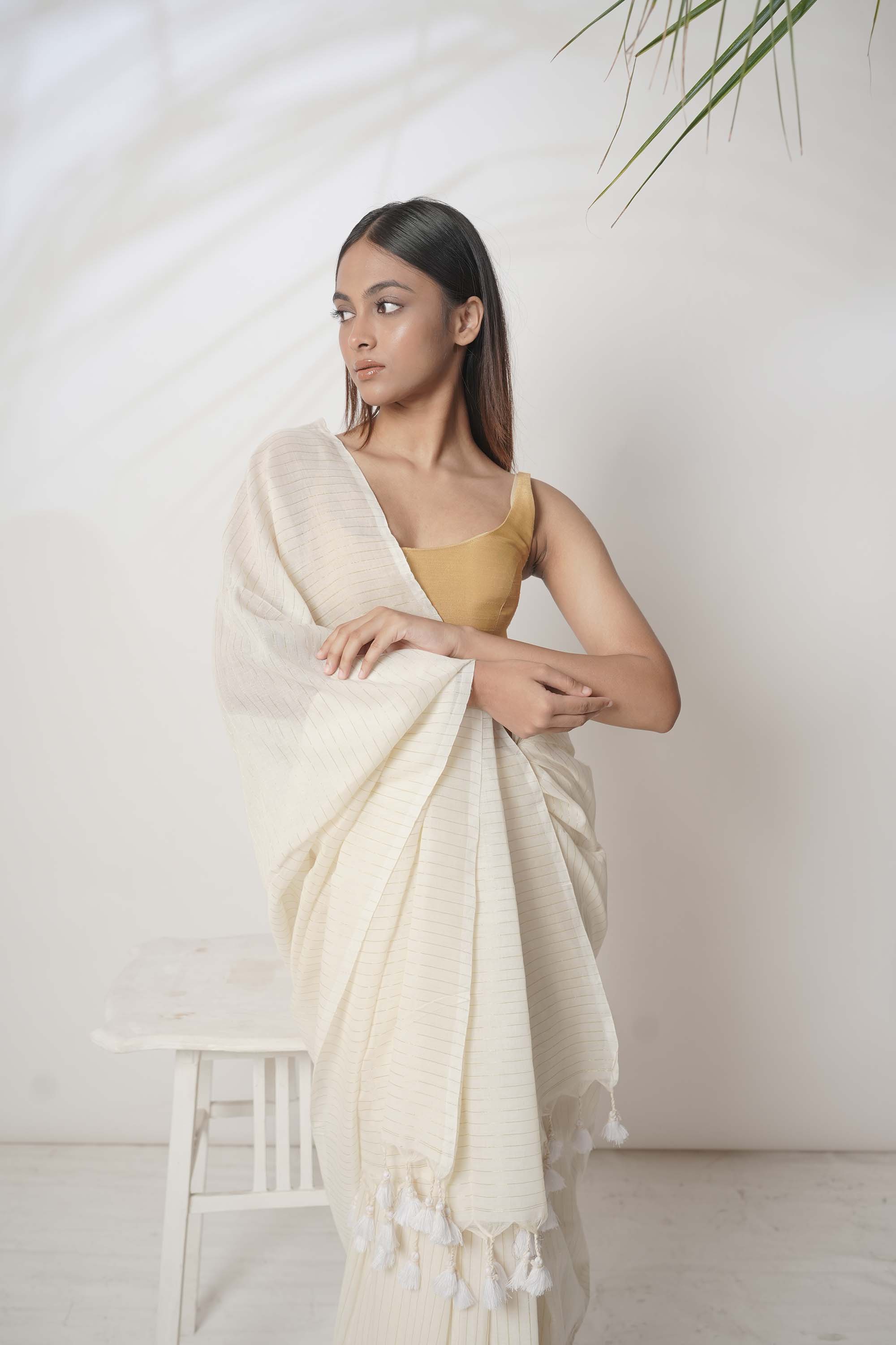 Celestial Crown I Off White handloom cotton saree with woven stripes