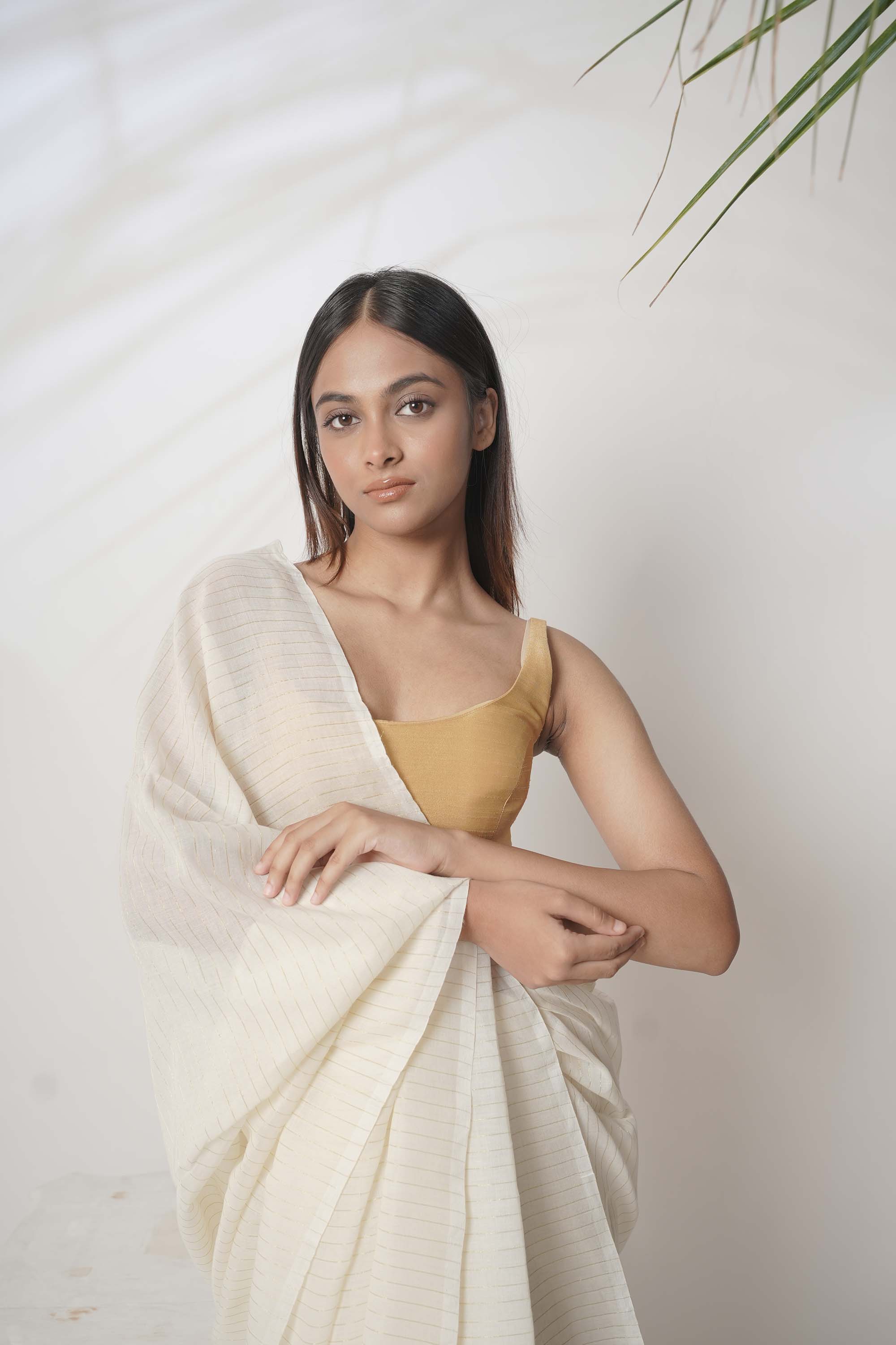 Celestial Crown I Off White handloom cotton saree with woven stripes