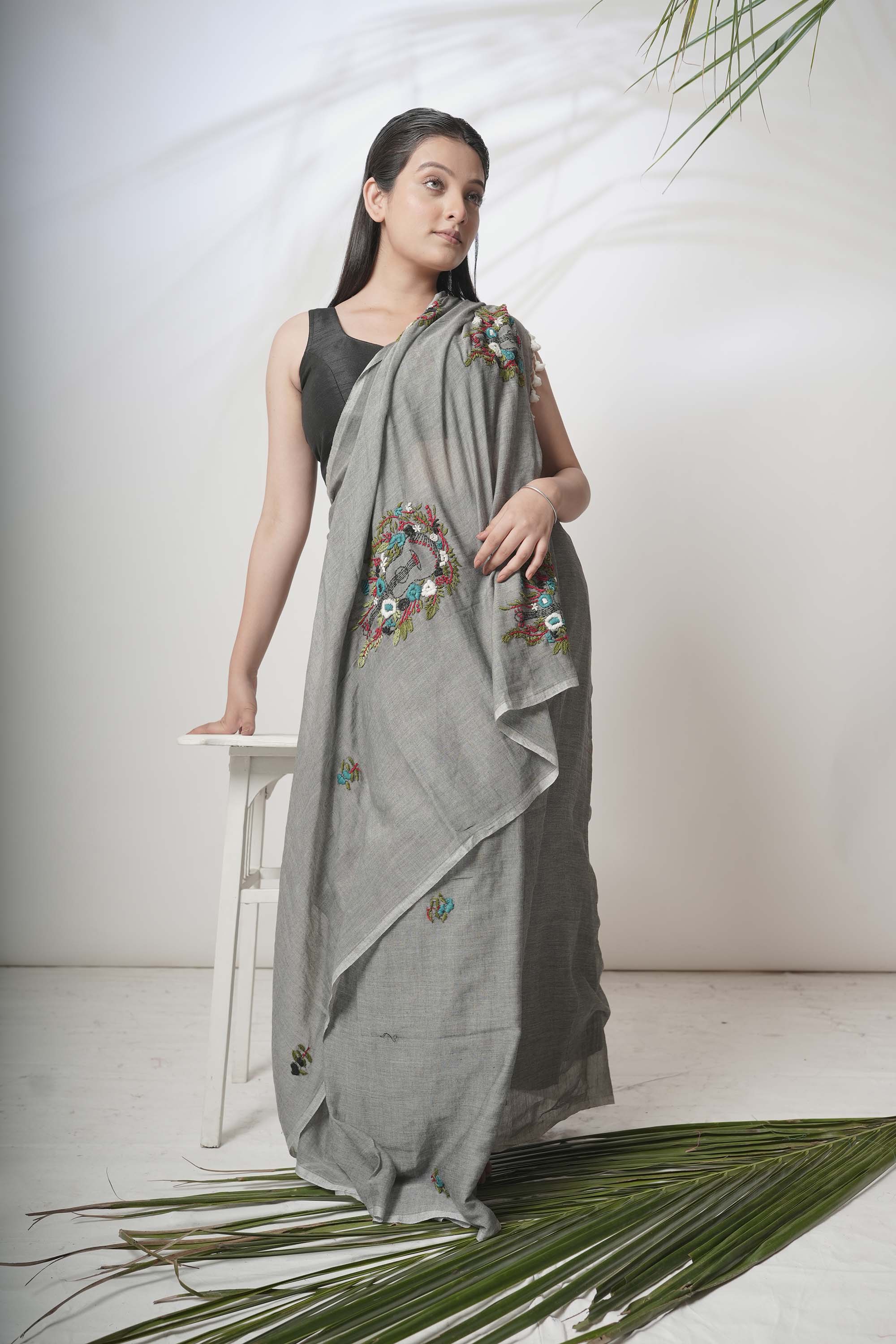 Paarijaat Kamal I Grey handloom cotton saree with hand embroidered florals