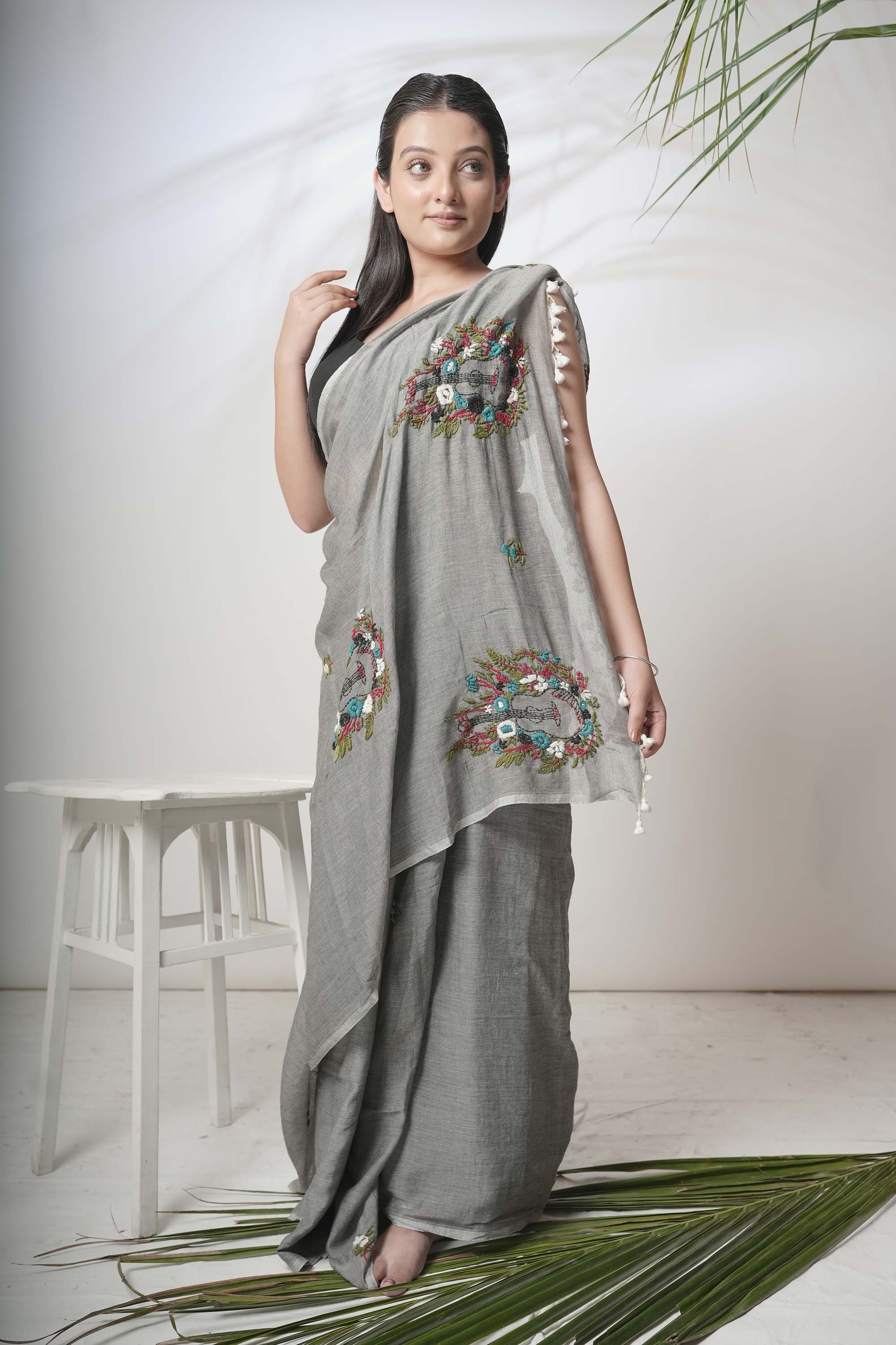 Paarijaat Kamal I Grey handloom cotton saree with hand embroidered florals