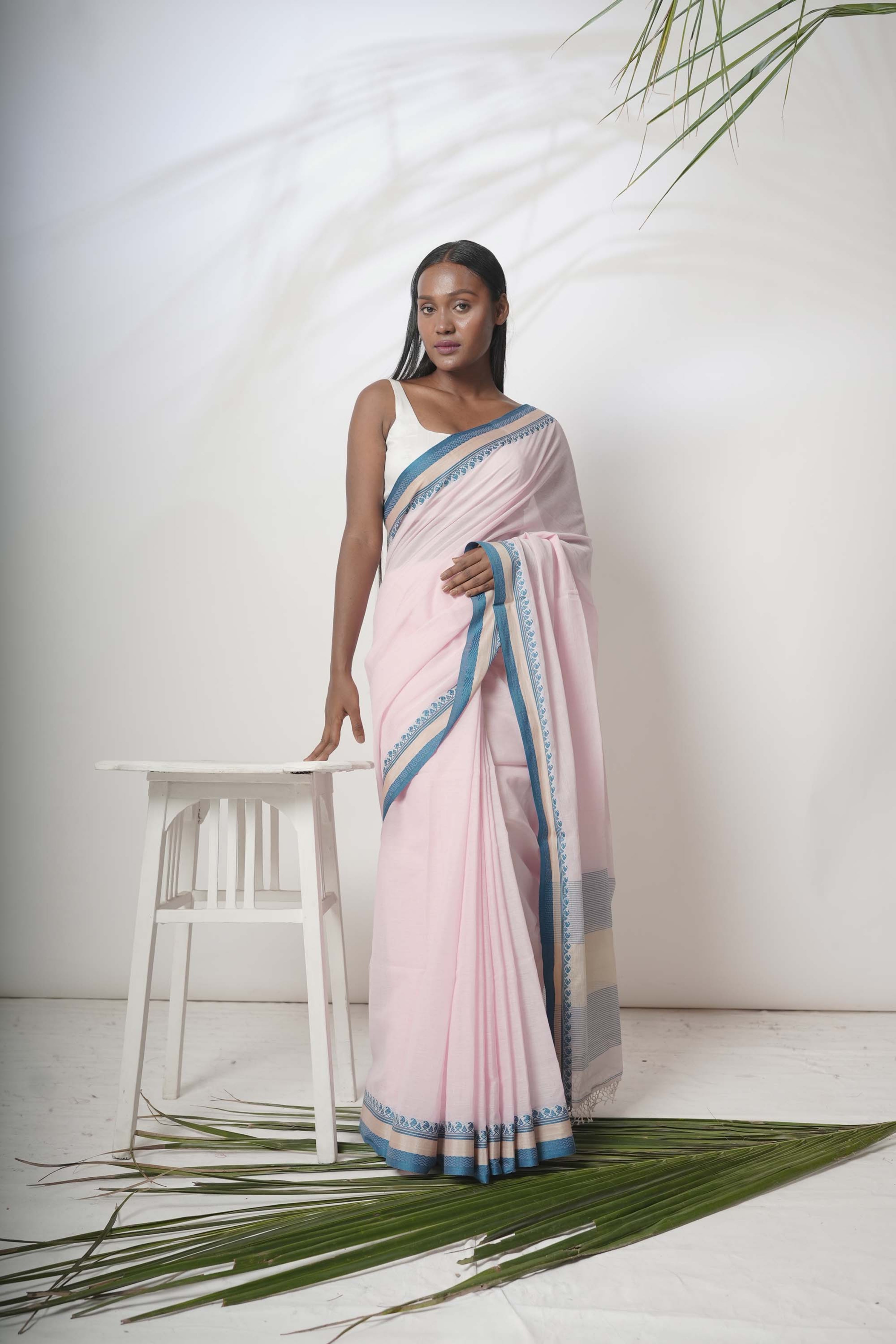 Rosalie I Pink handloom cotton saree with blue border