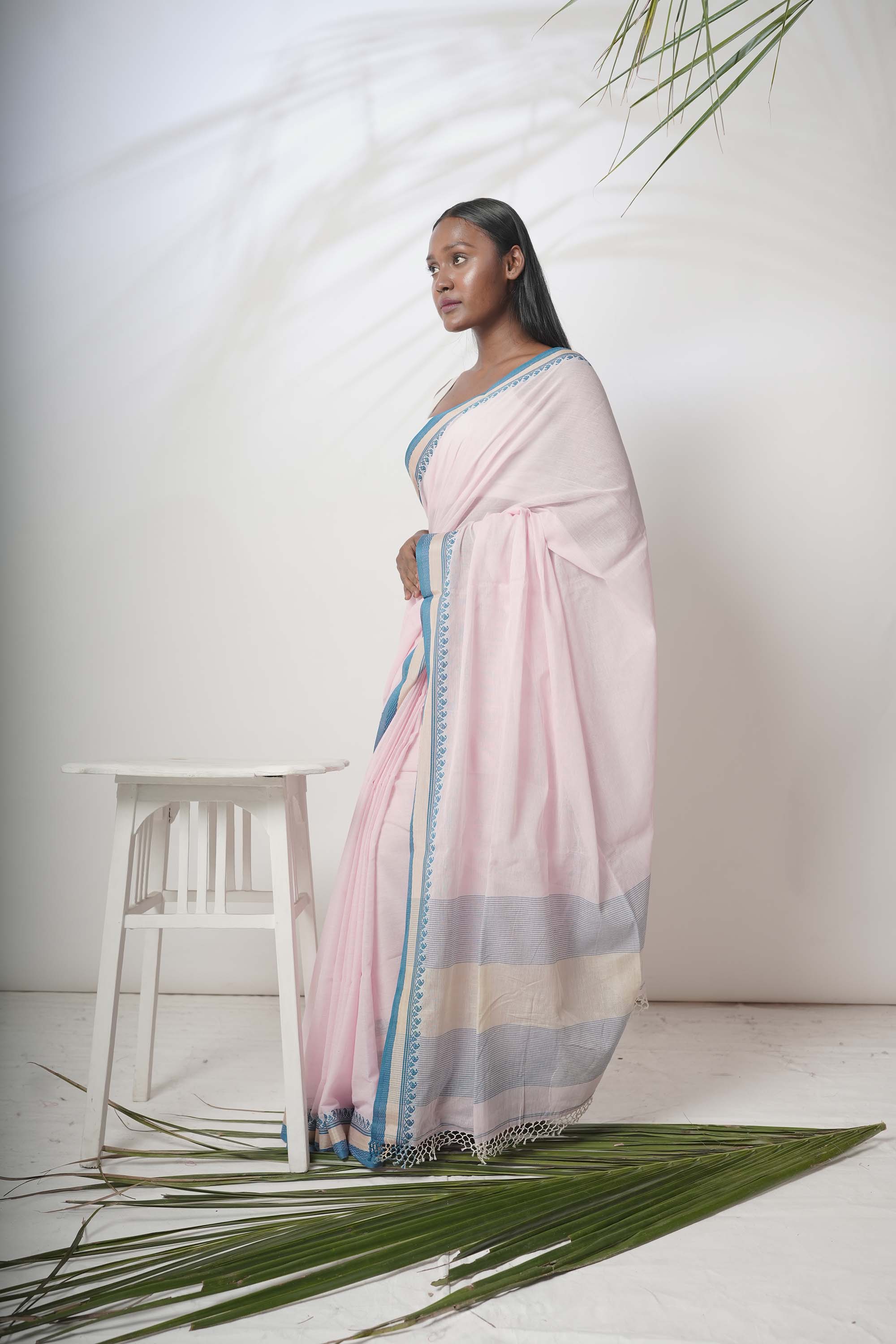 Rosalie I Pink handloom cotton saree with blue border