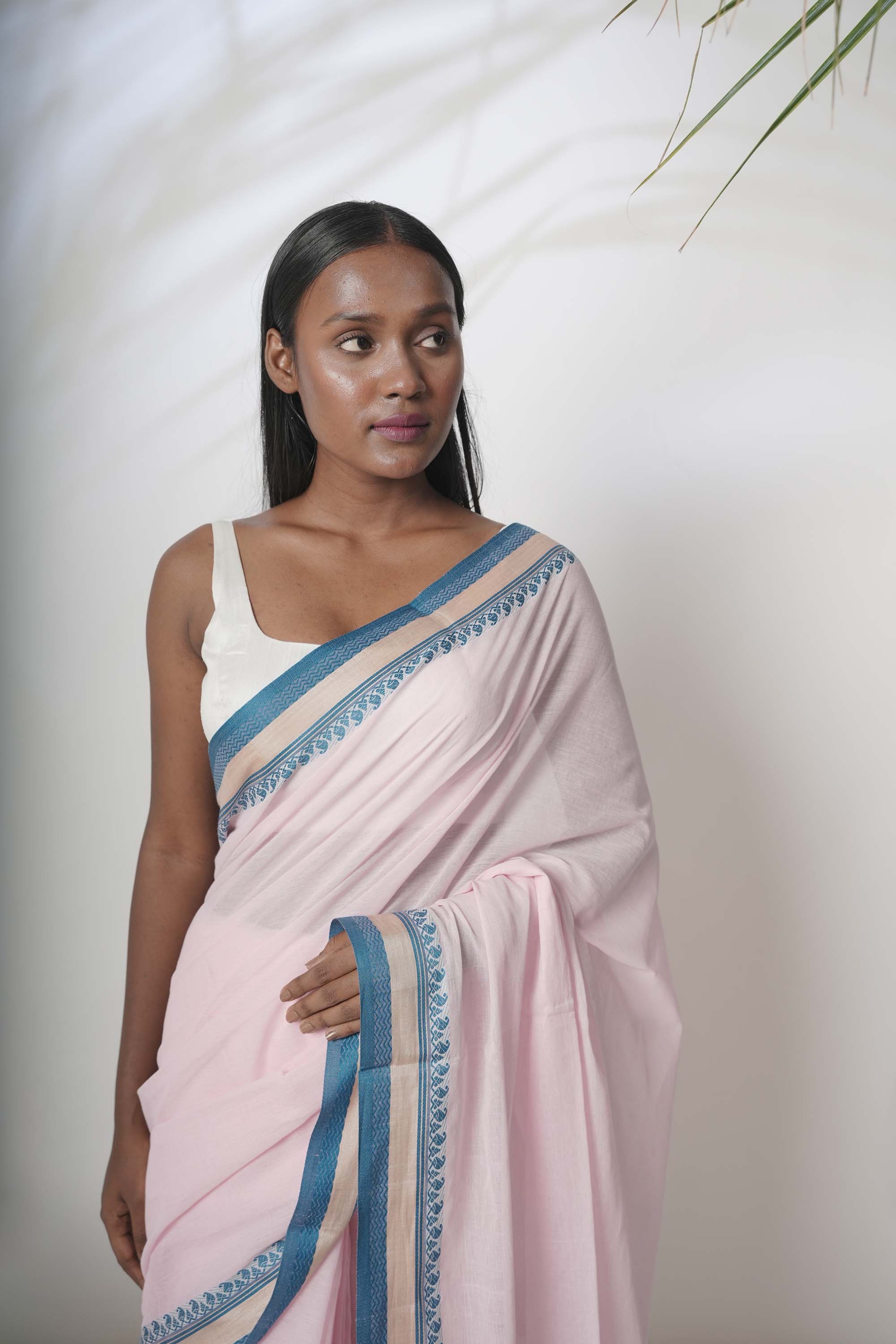 Rosalie I Pink handloom cotton saree with blue border