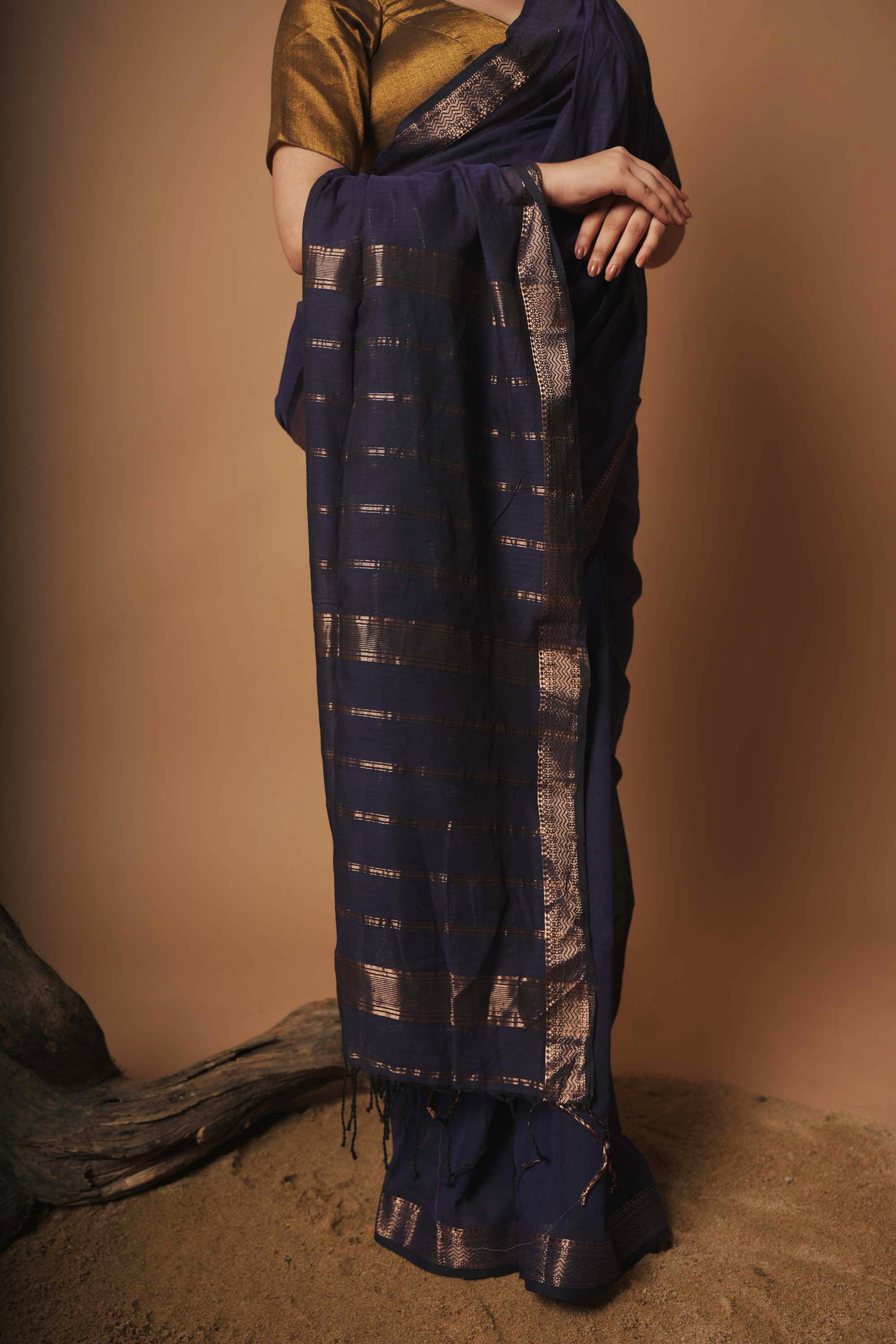 Sapphire Muse I Navy Blue handloom cotton saree with  zari border