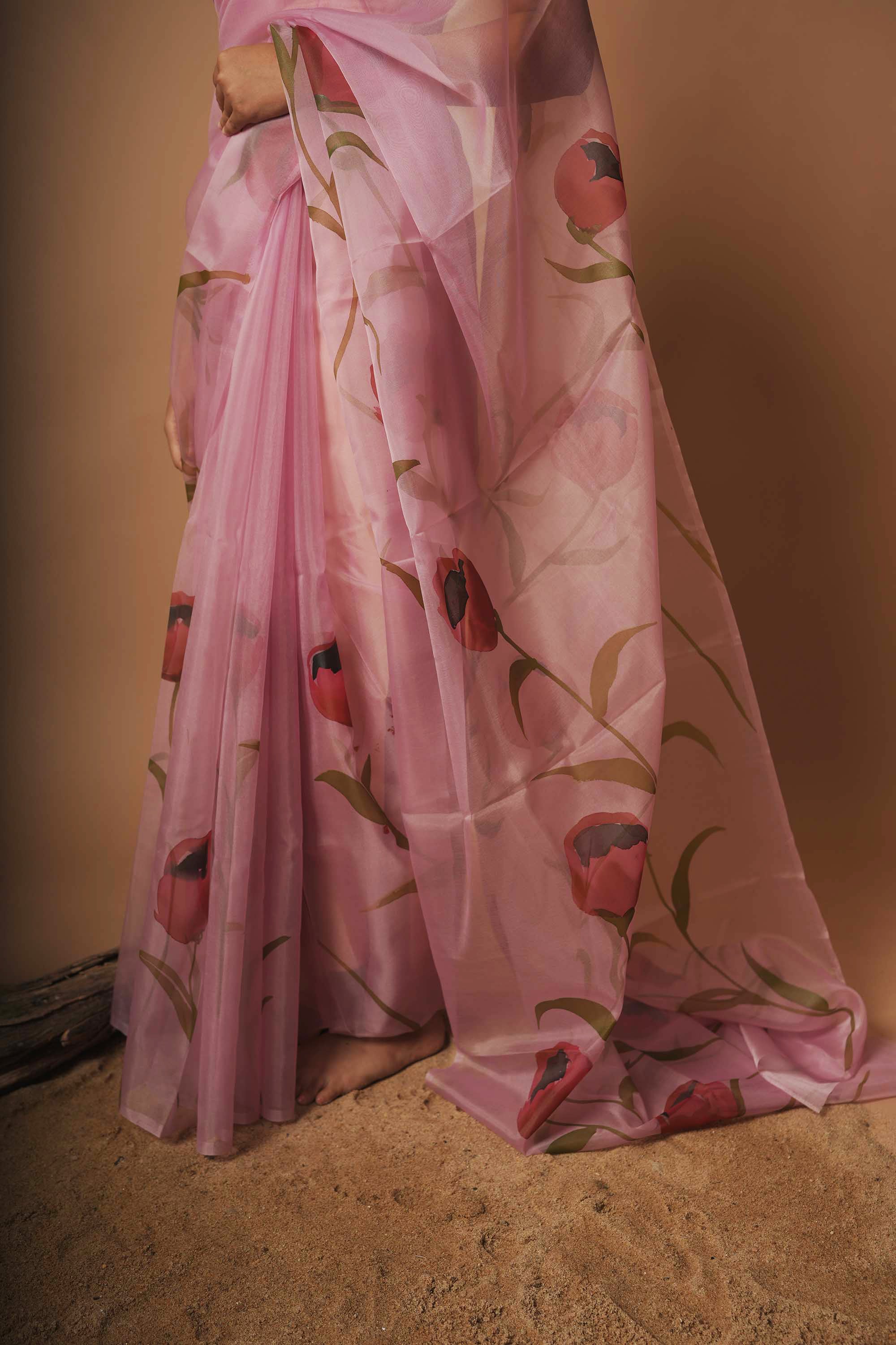 Rose Blush | Lavender floral Handpainted Organza saree