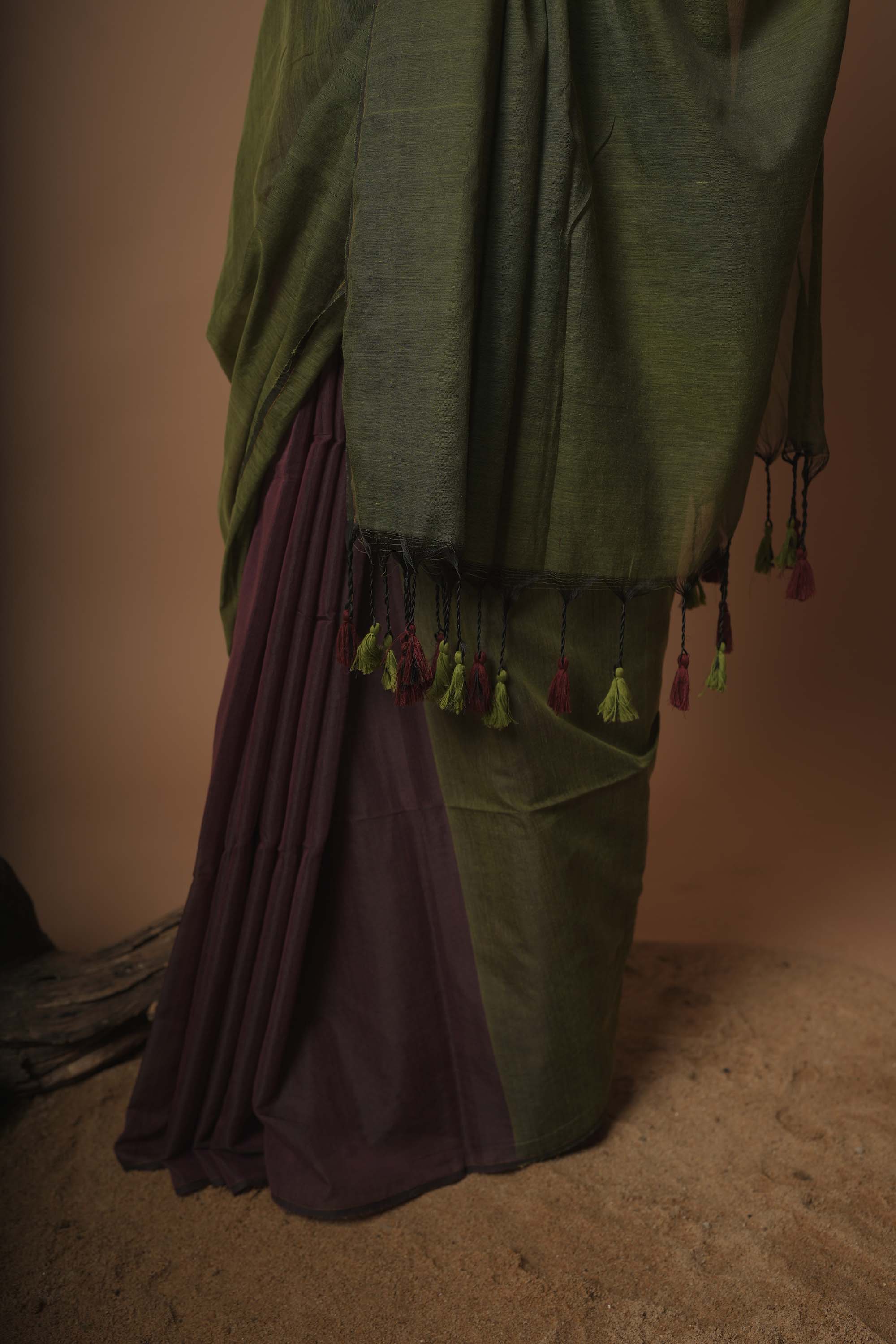 Desert Rose I Olive Green and purple handloom acrylic cotton saree