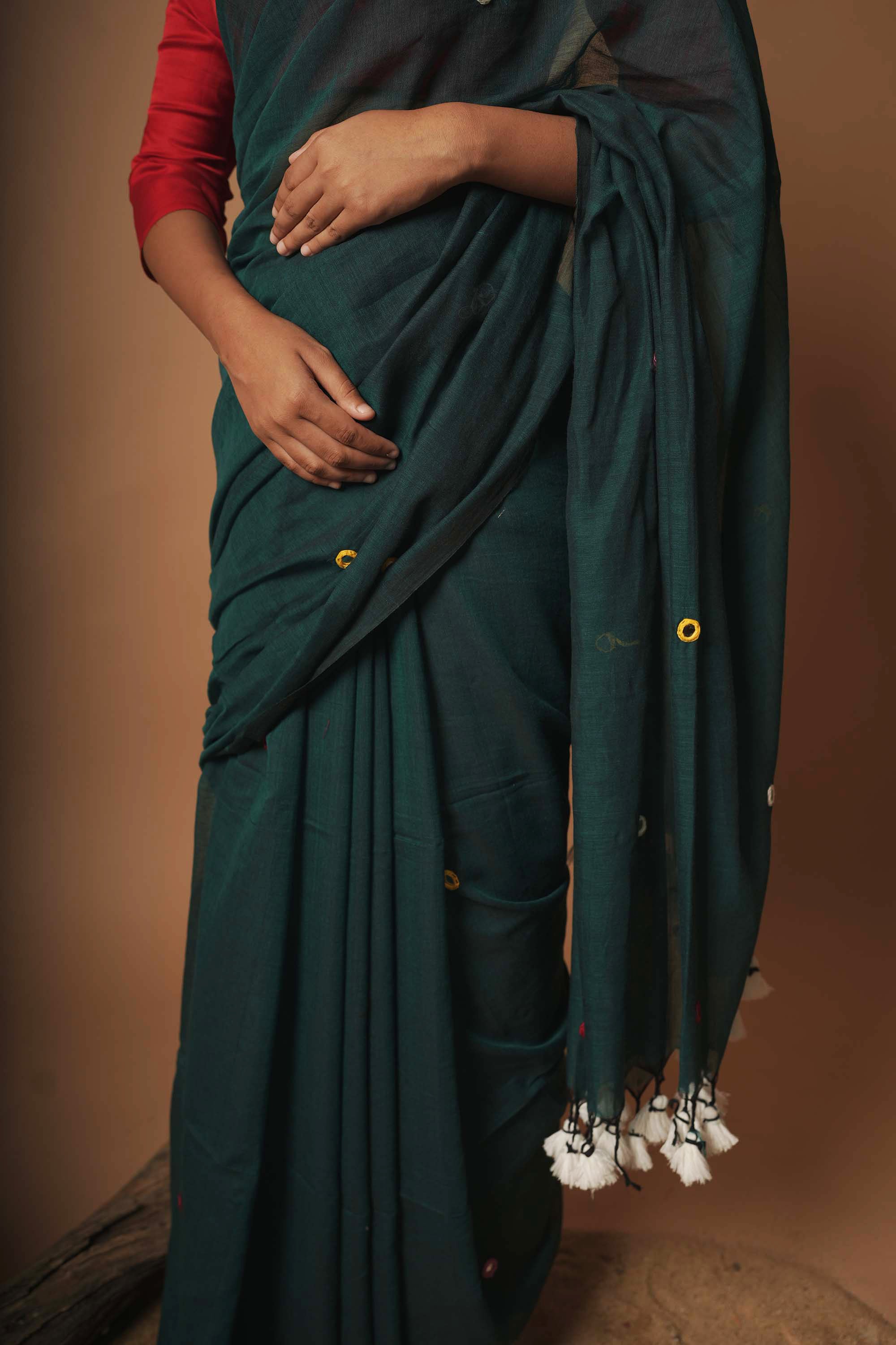 Hariyali ke sapne I Dark Green handloom cotton saree with mirror embroidery