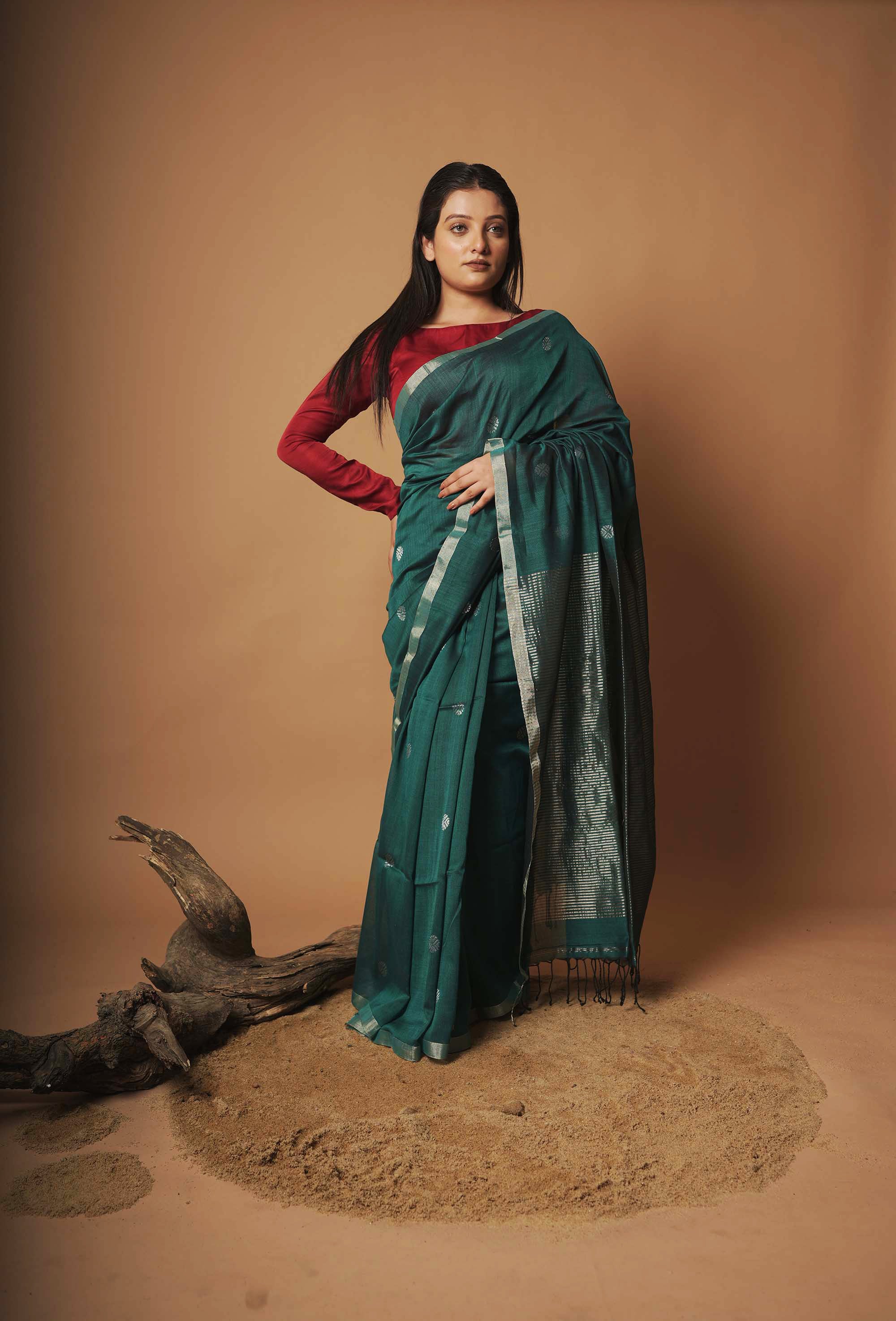 Panna Patta | Emerald Green Cotton Saree with Silver Zari