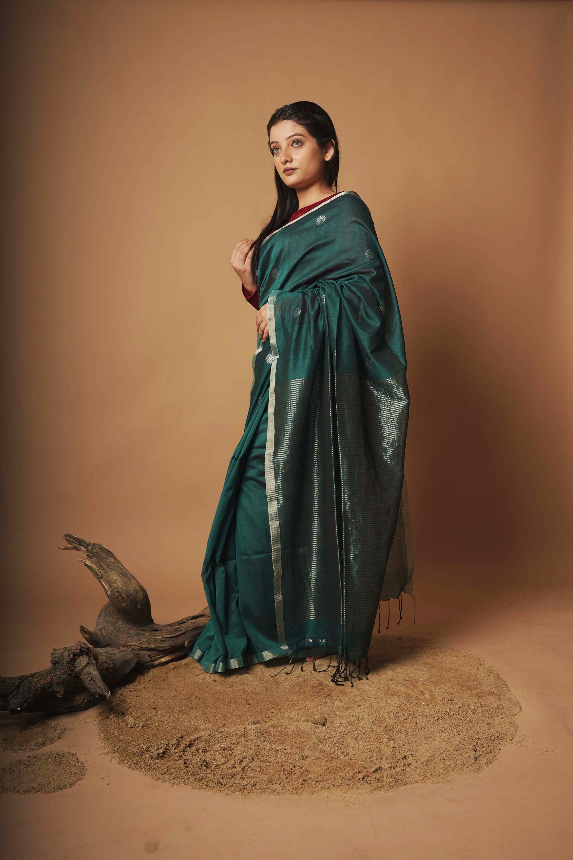 Panna Patta | Emerald Green Cotton Saree with Silver Zari