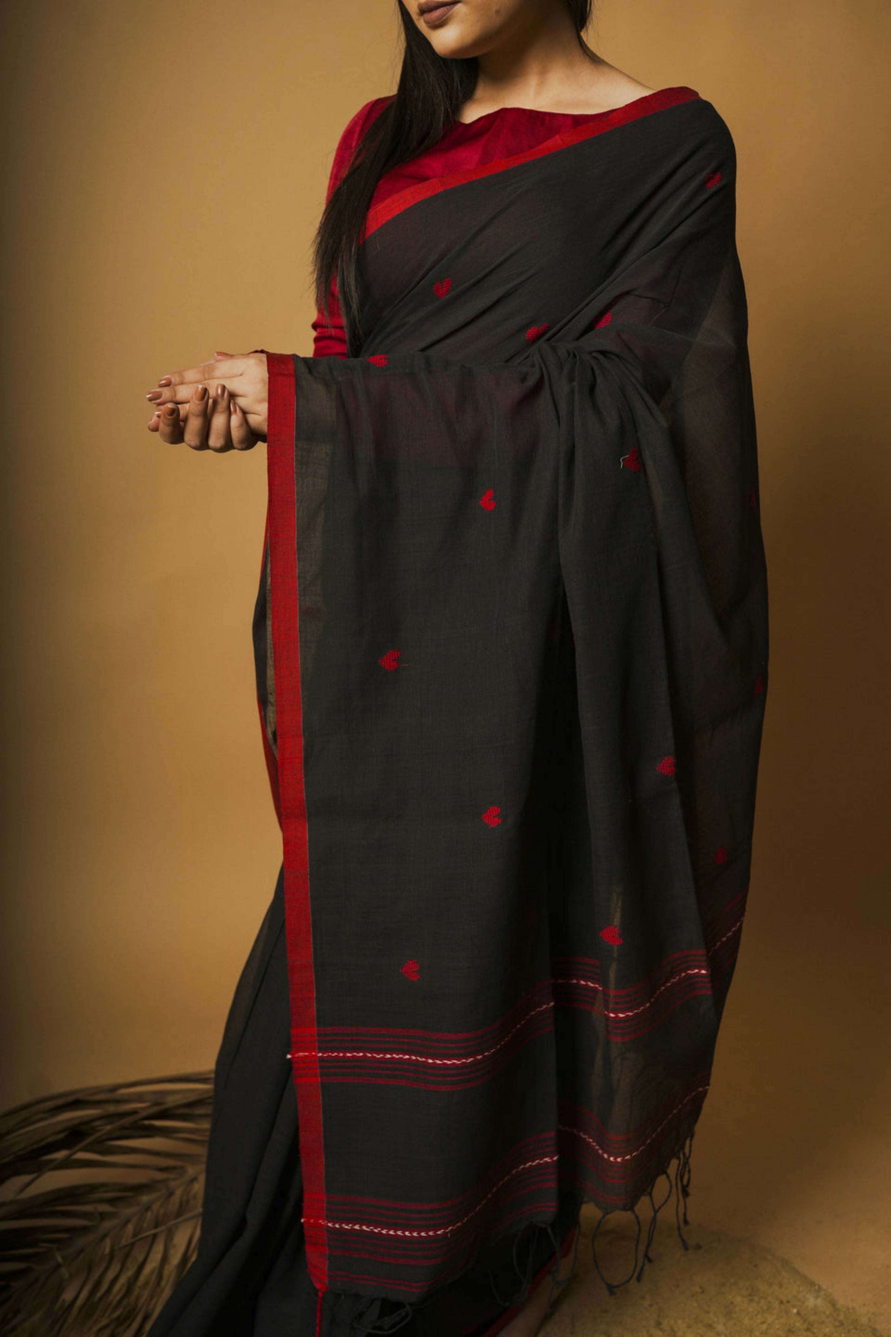 Nocturne I  Black cotton saree with red heart motifs