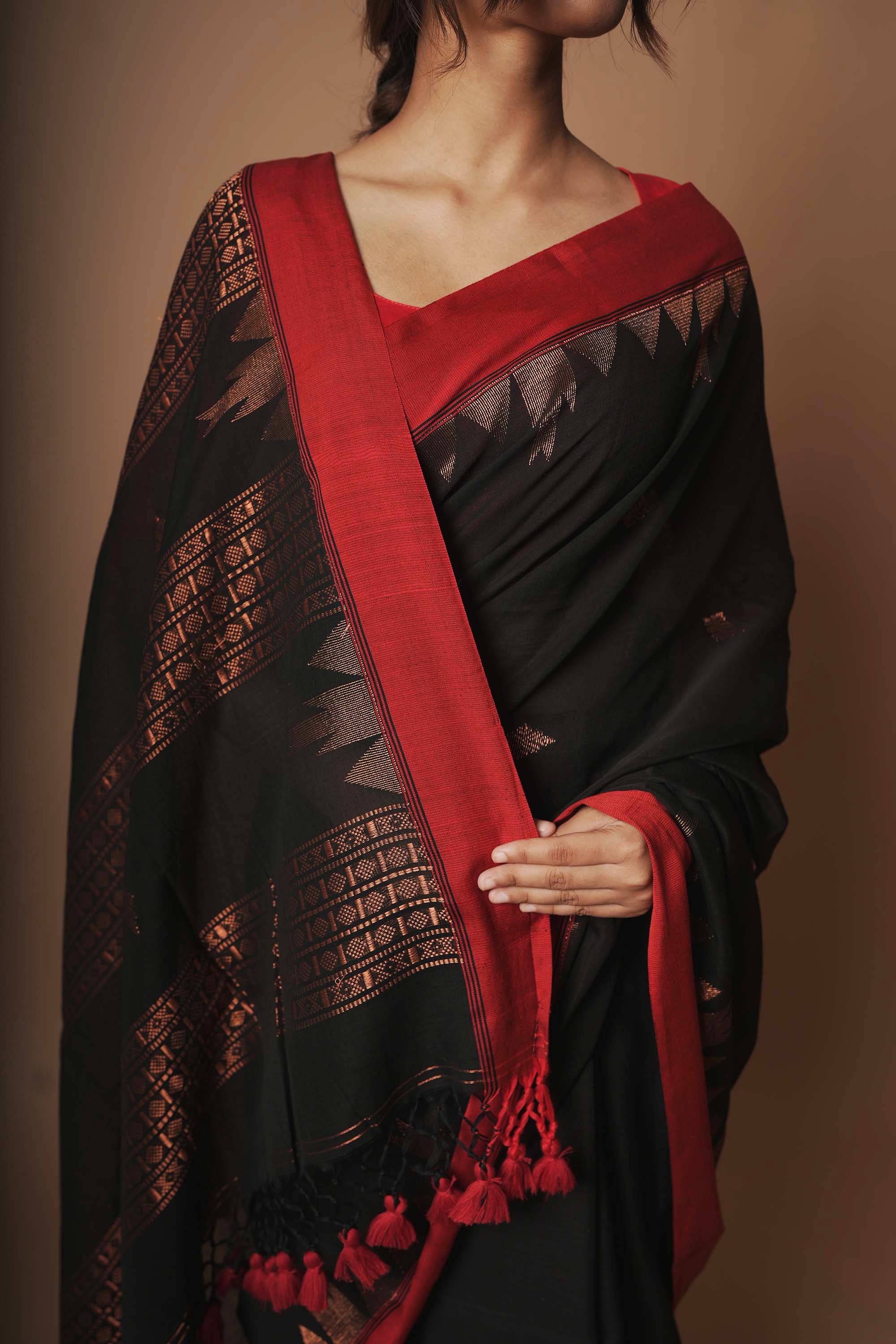 Lunar Eclipse I Black handloom cotton saree with zari border