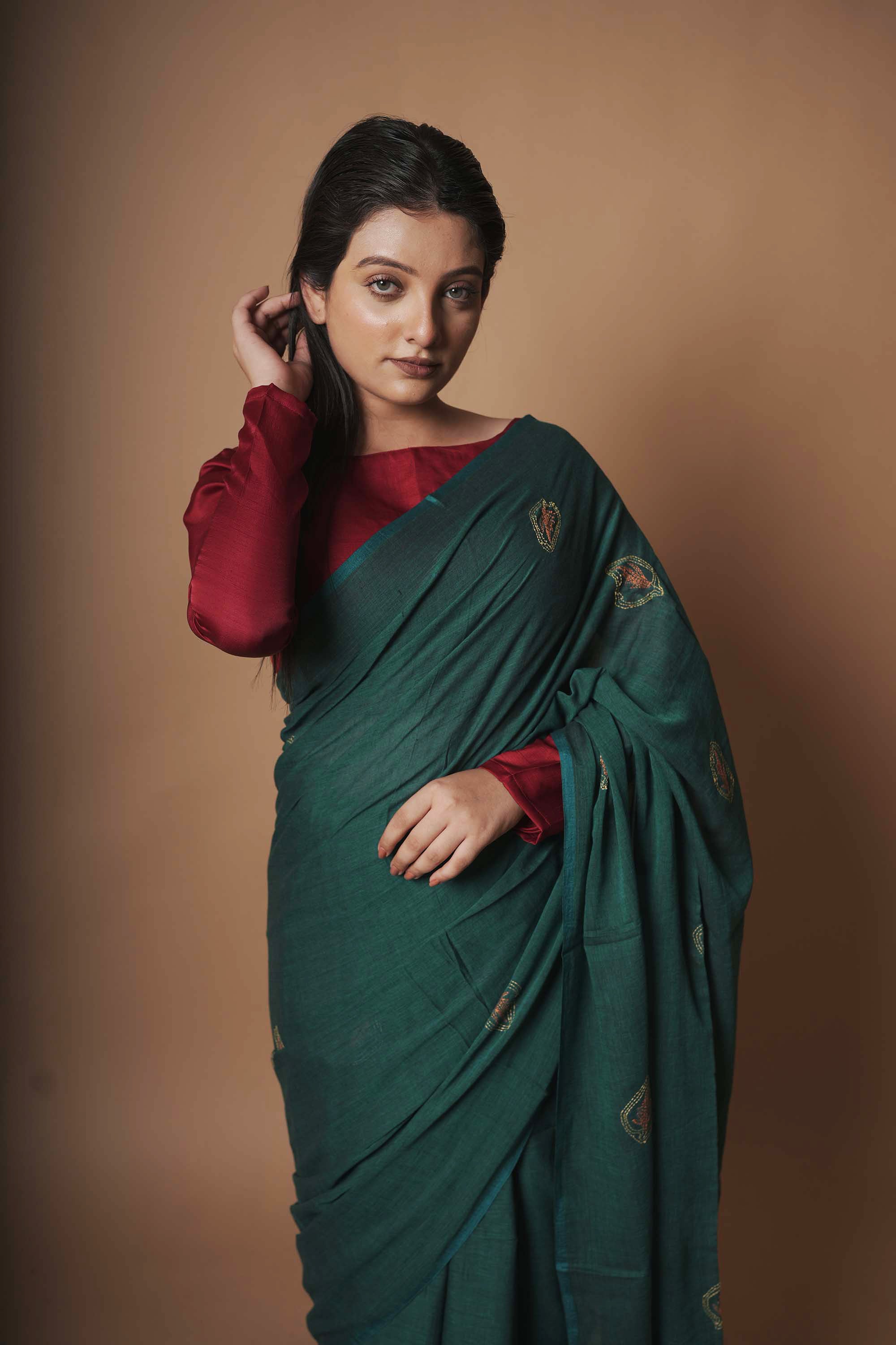 Mallika Bahar I Bottle Green handloom cotton saree with kantha embroidery
