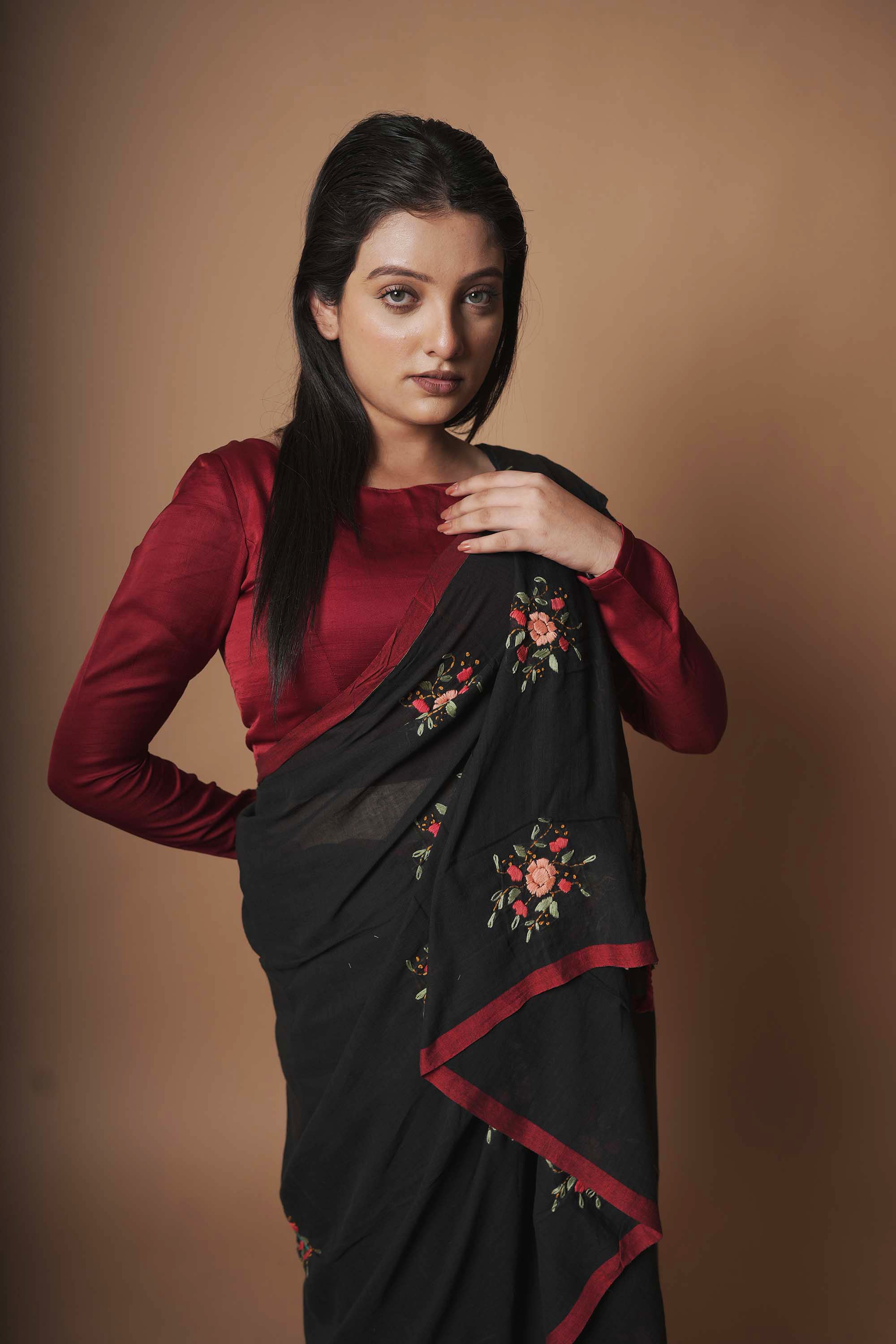 Kadam Phool I Black handloom cotton saree with hand embroidered florals