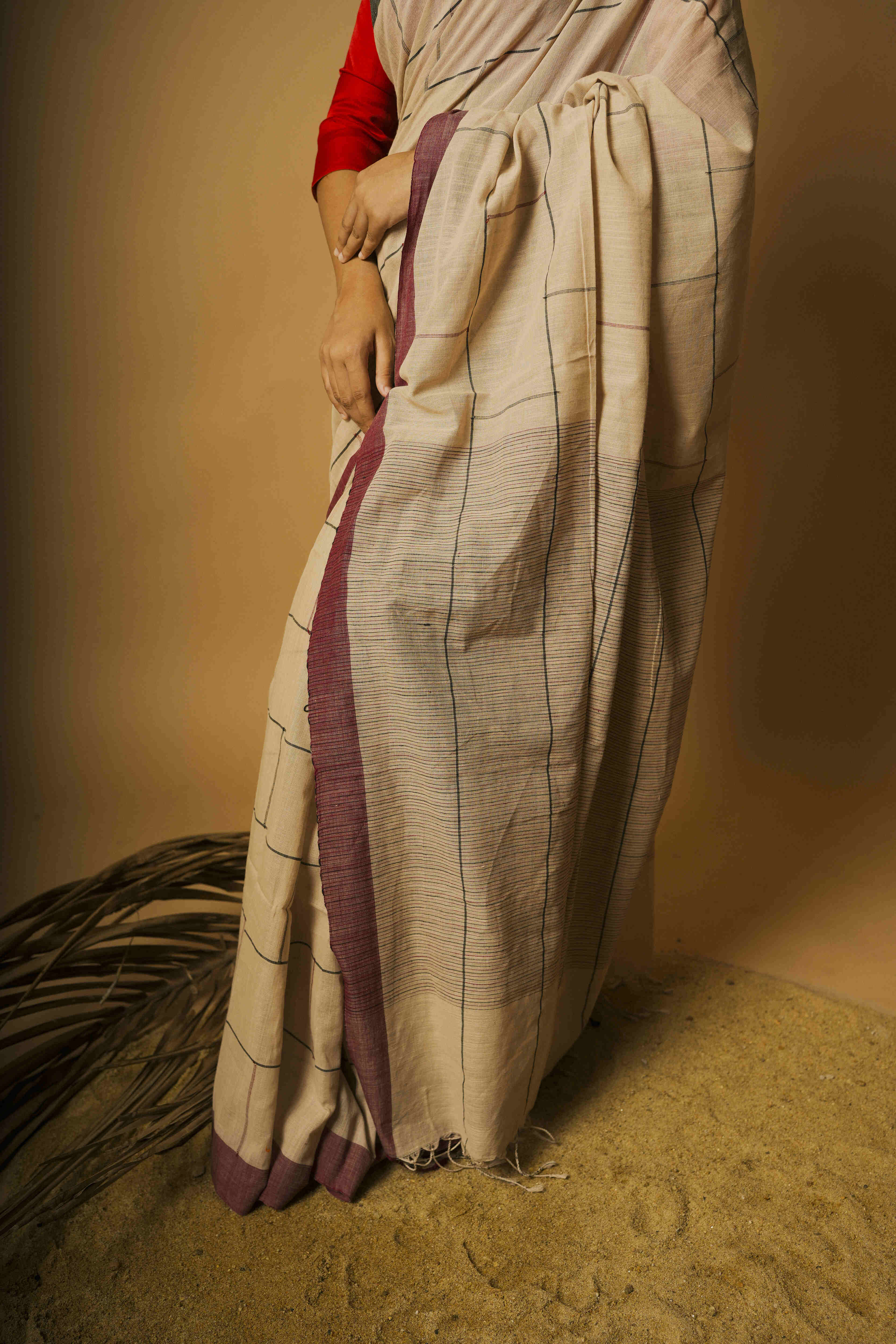 Sandscape I Beige Cotton Saree with Brown and black Border