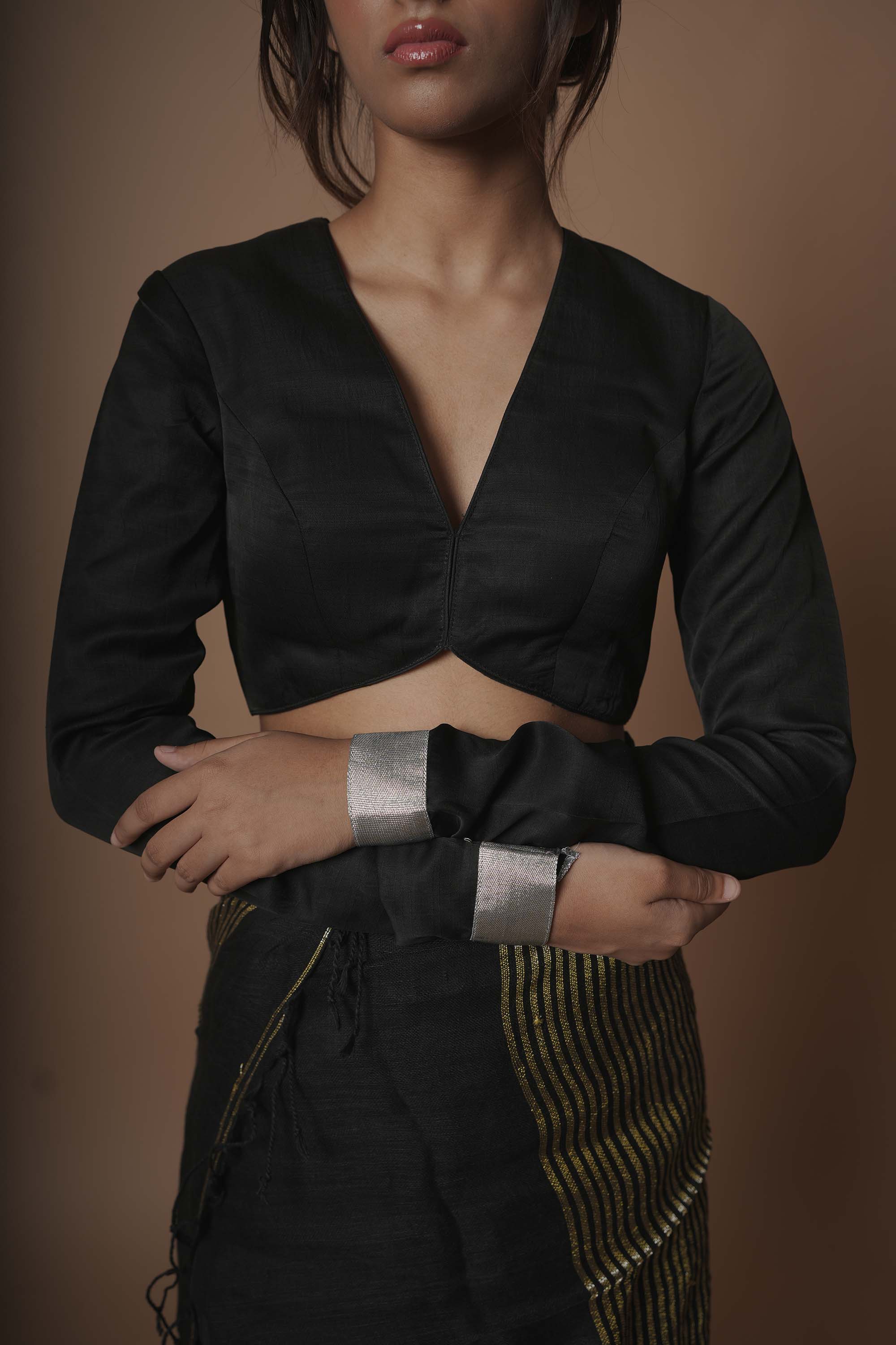 Midnight I Black designer silk blouse with full sleeves