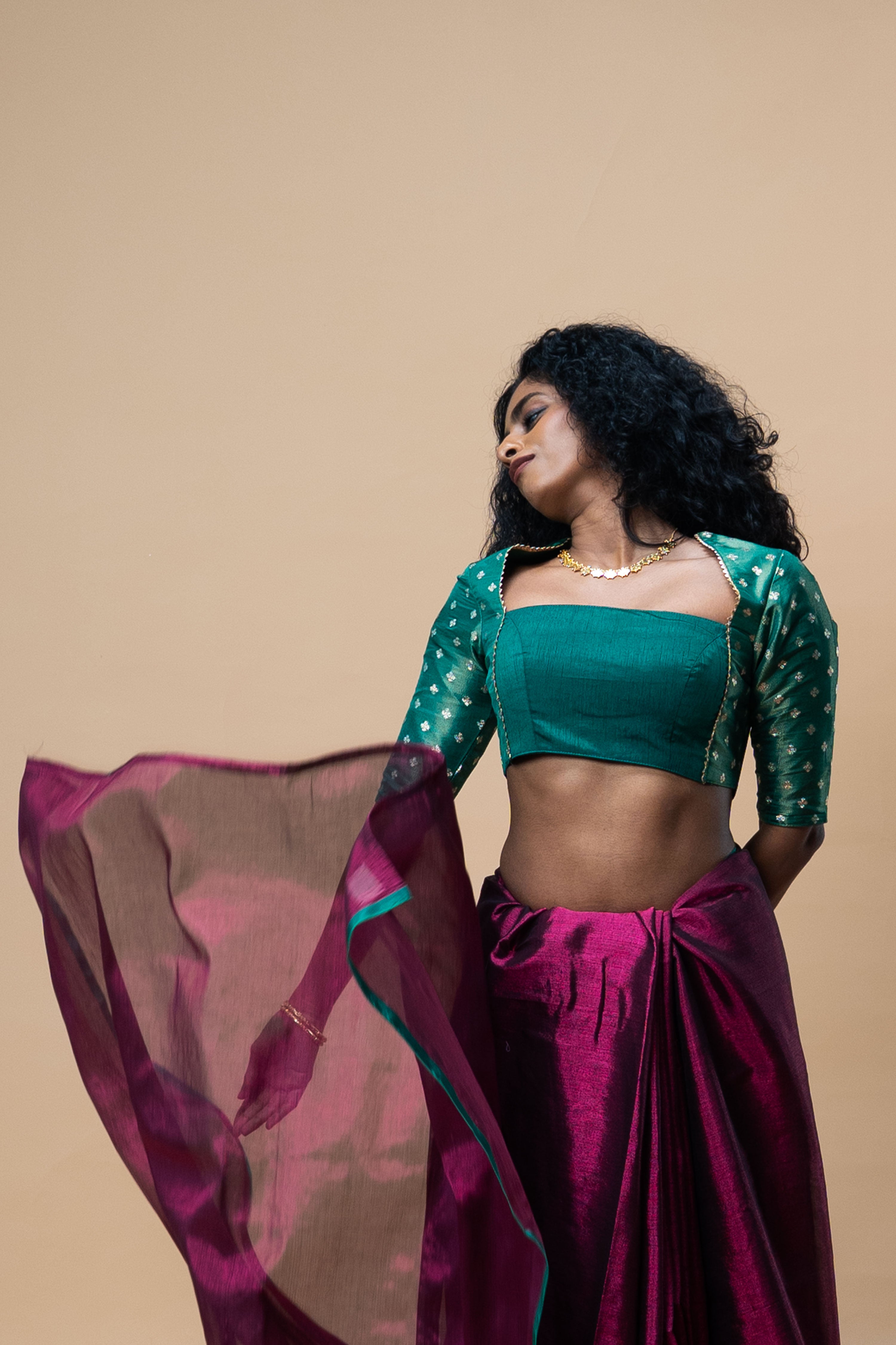 Divya I Green brocade silk blouse with square neck