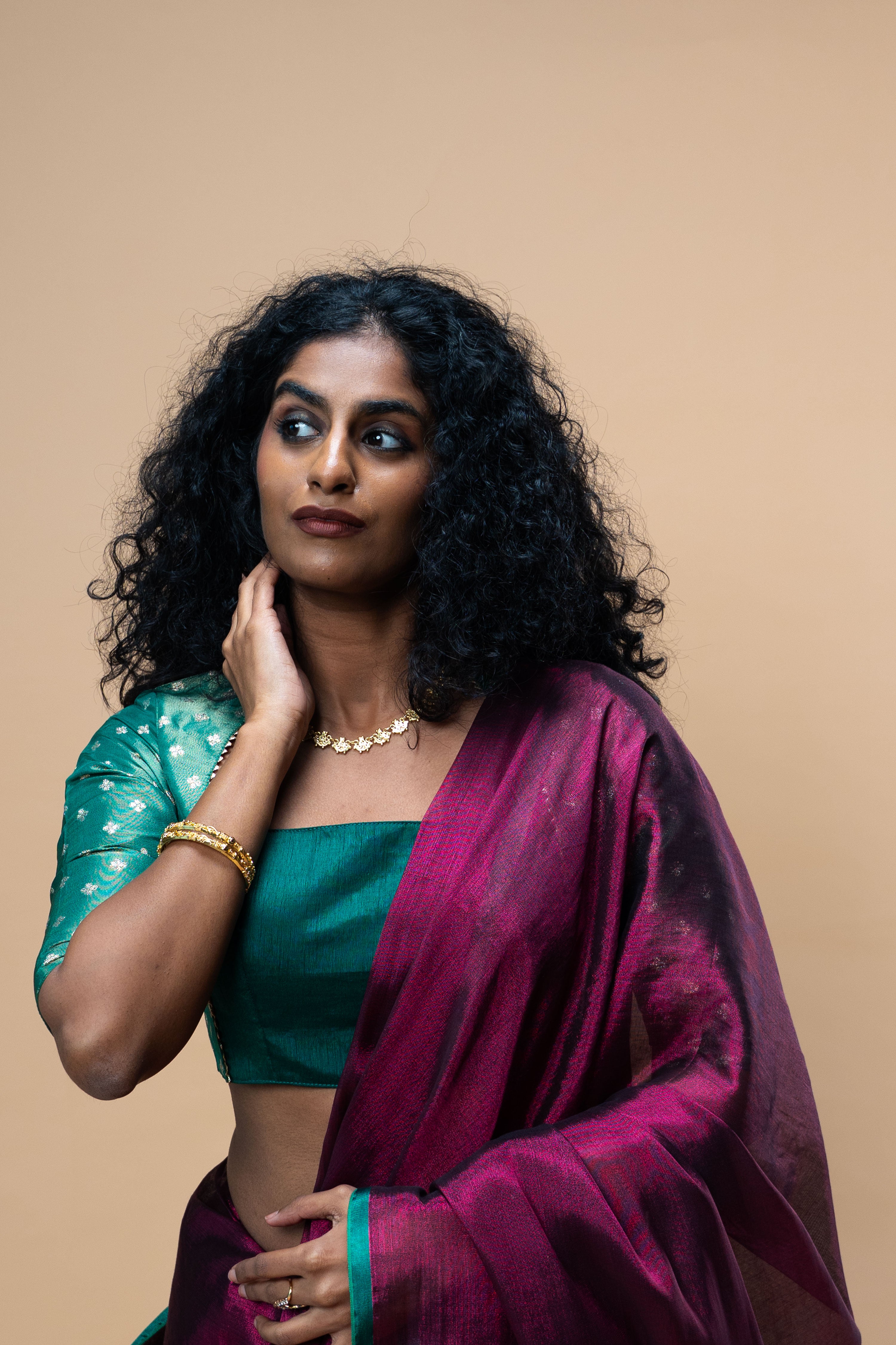 Divya I Green brocade silk blouse with square neck