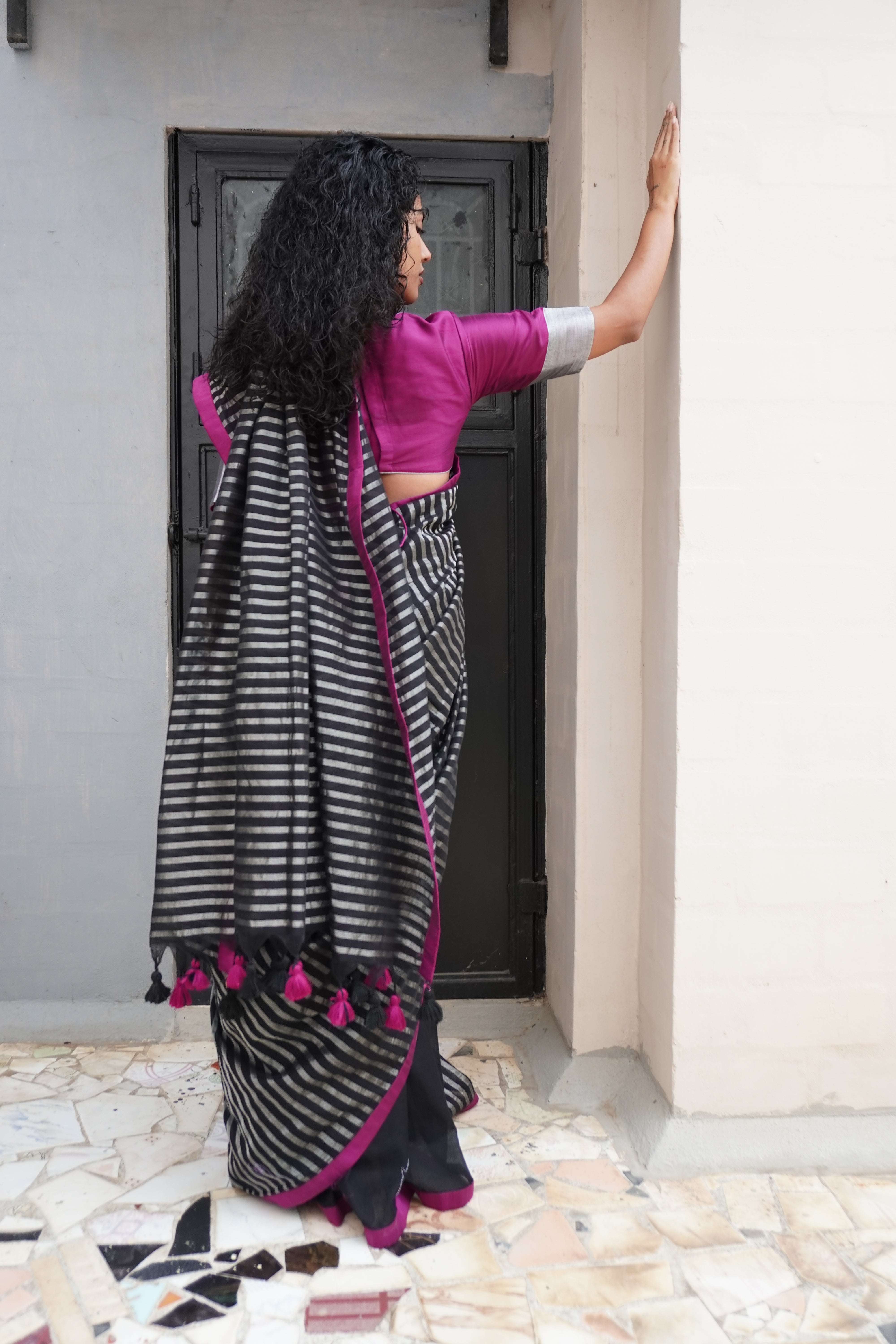 Secret Alchemy I Black Handloom Cotton Saree with zari stripes and Purple Border