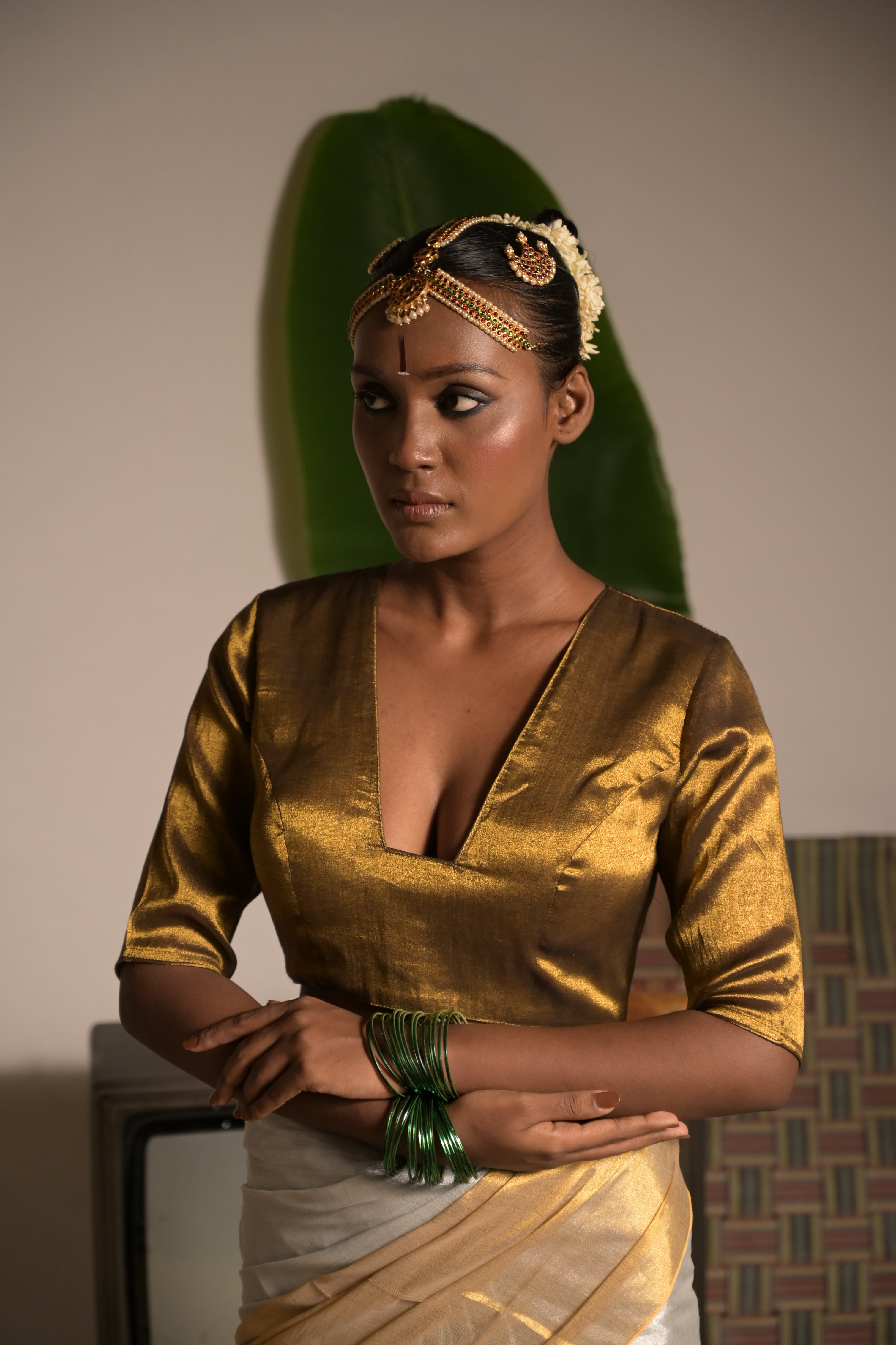 Saumyarekha I Golden handwoven tissue blouse with V neckline