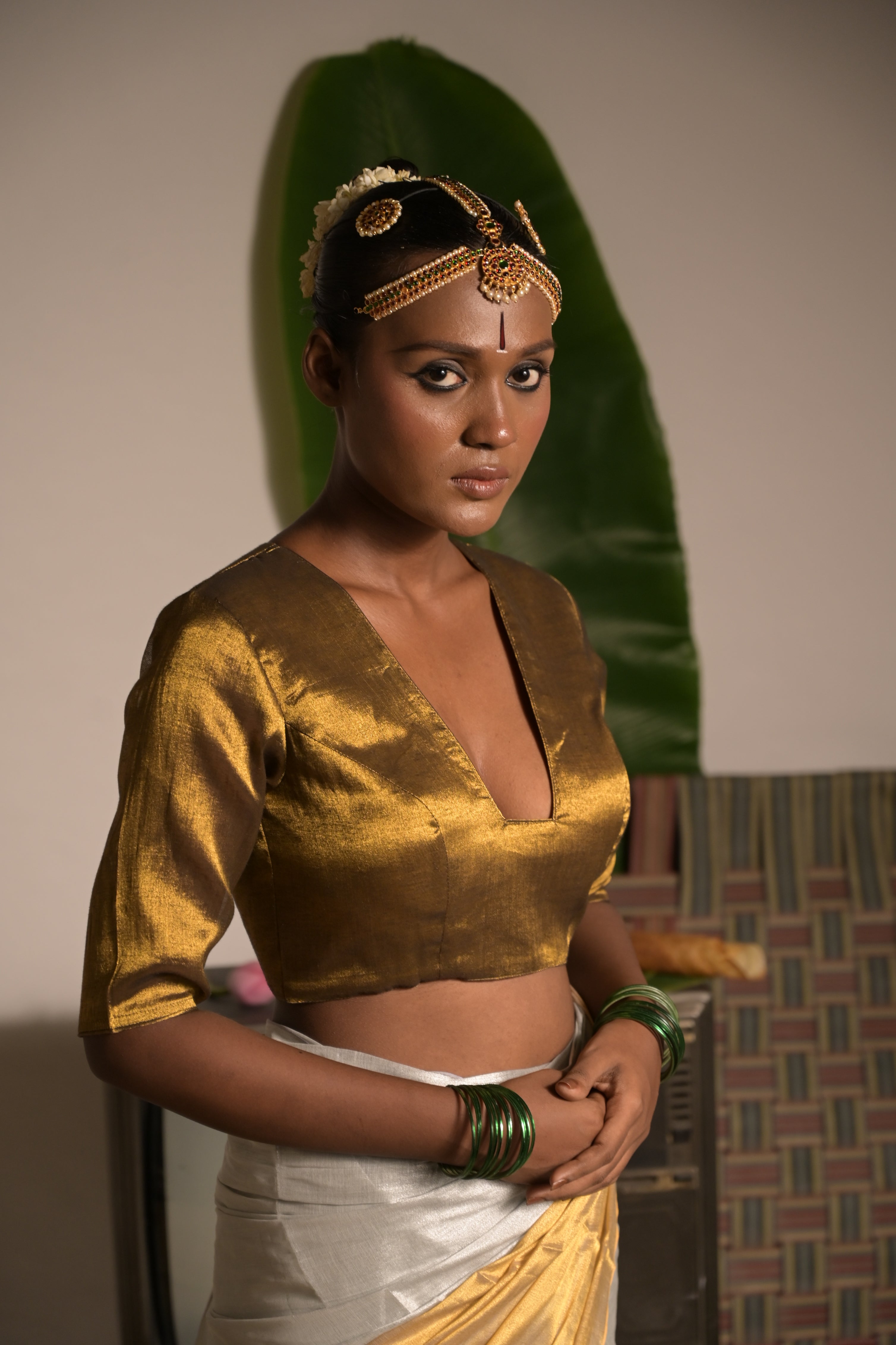 Saumyarekha I Golden handwoven tissue blouse with V neckline