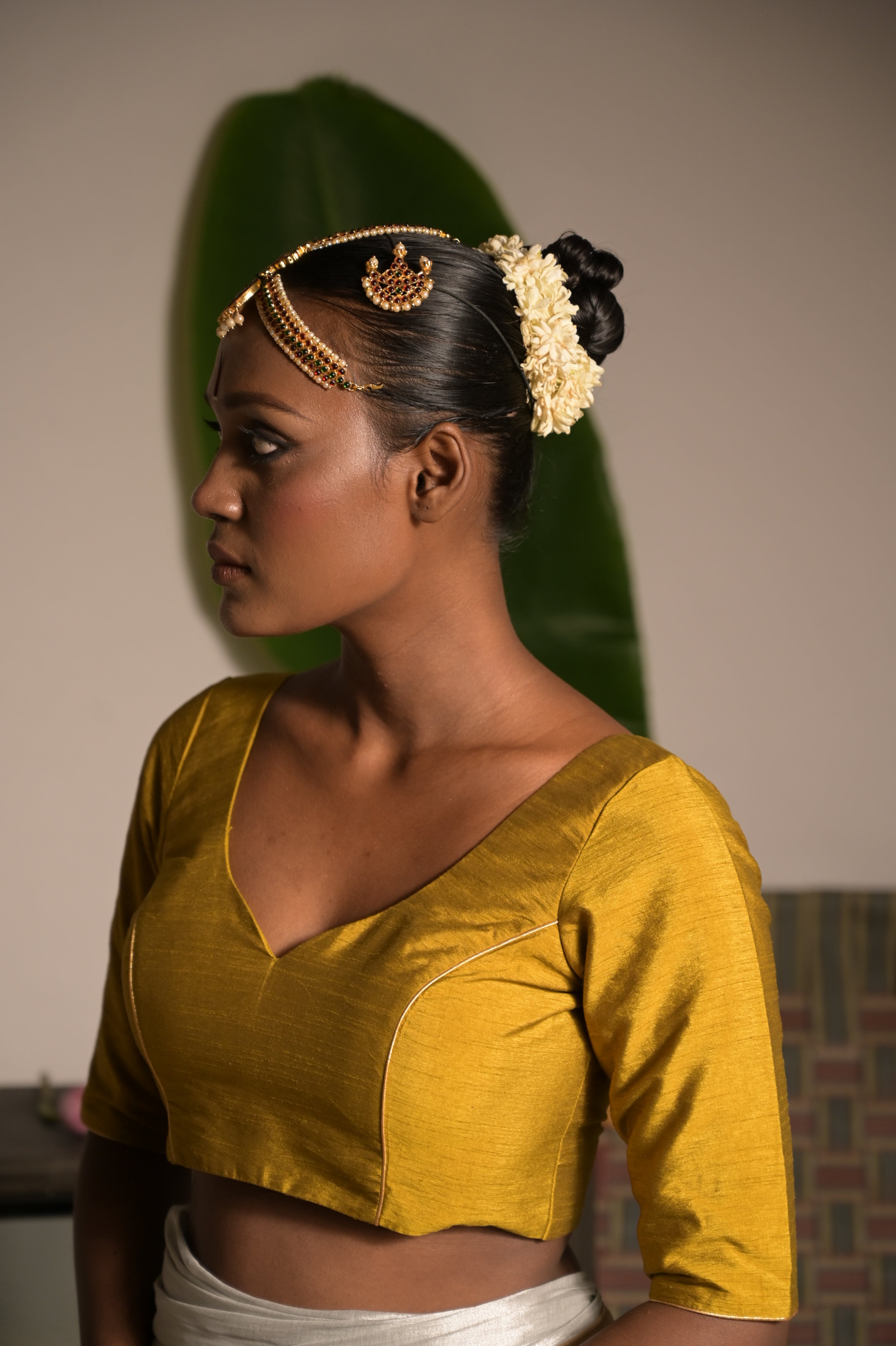 Hiranya I Mustard Silk Blouse with V neckline