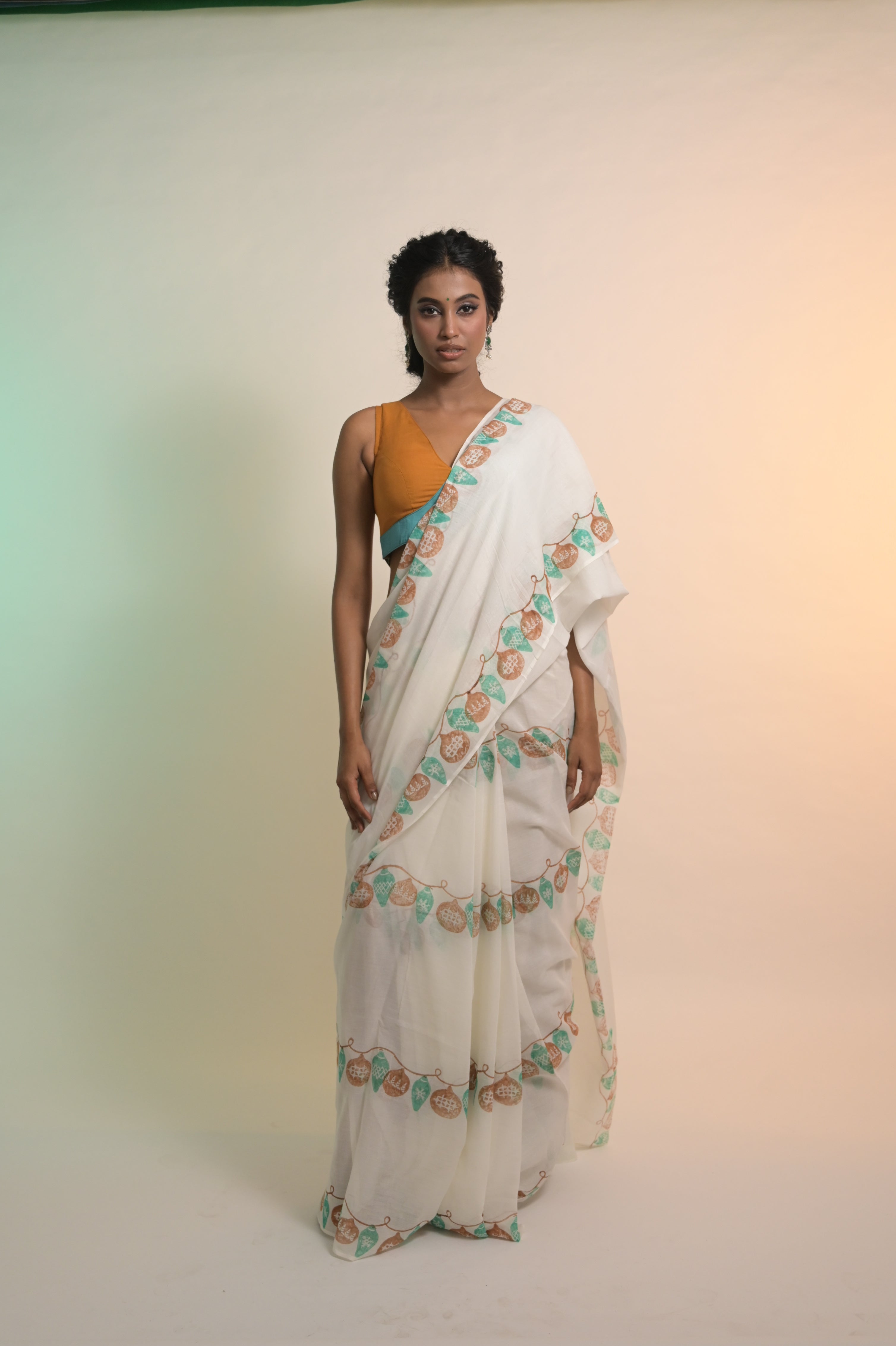 Light Up the Loom I White Mul Cotton Saree with Handblock-Printed Strings of Lights
