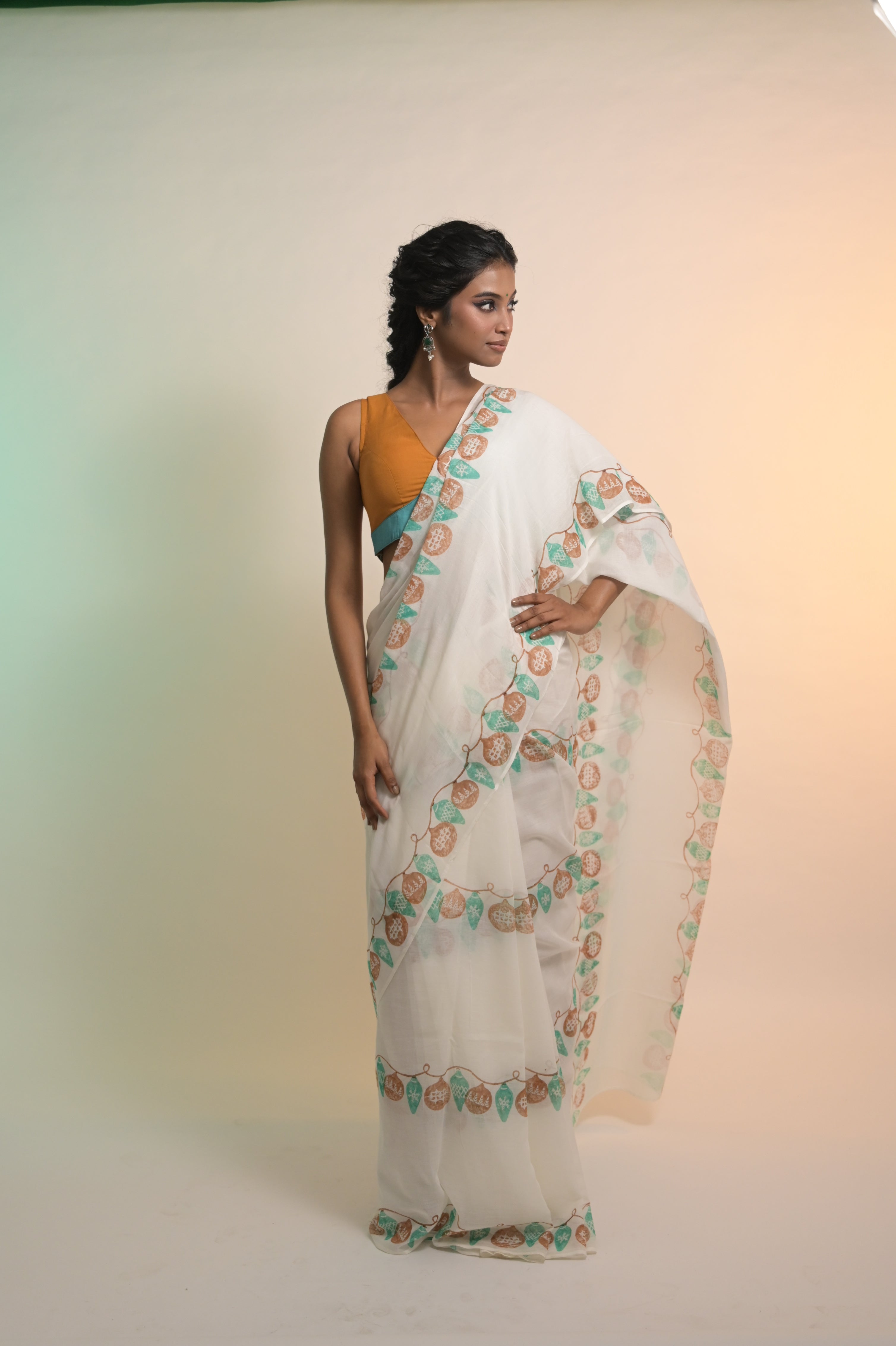 Light Up the Loom I White Mul Cotton Saree with Handblock-Printed Strings of Lights