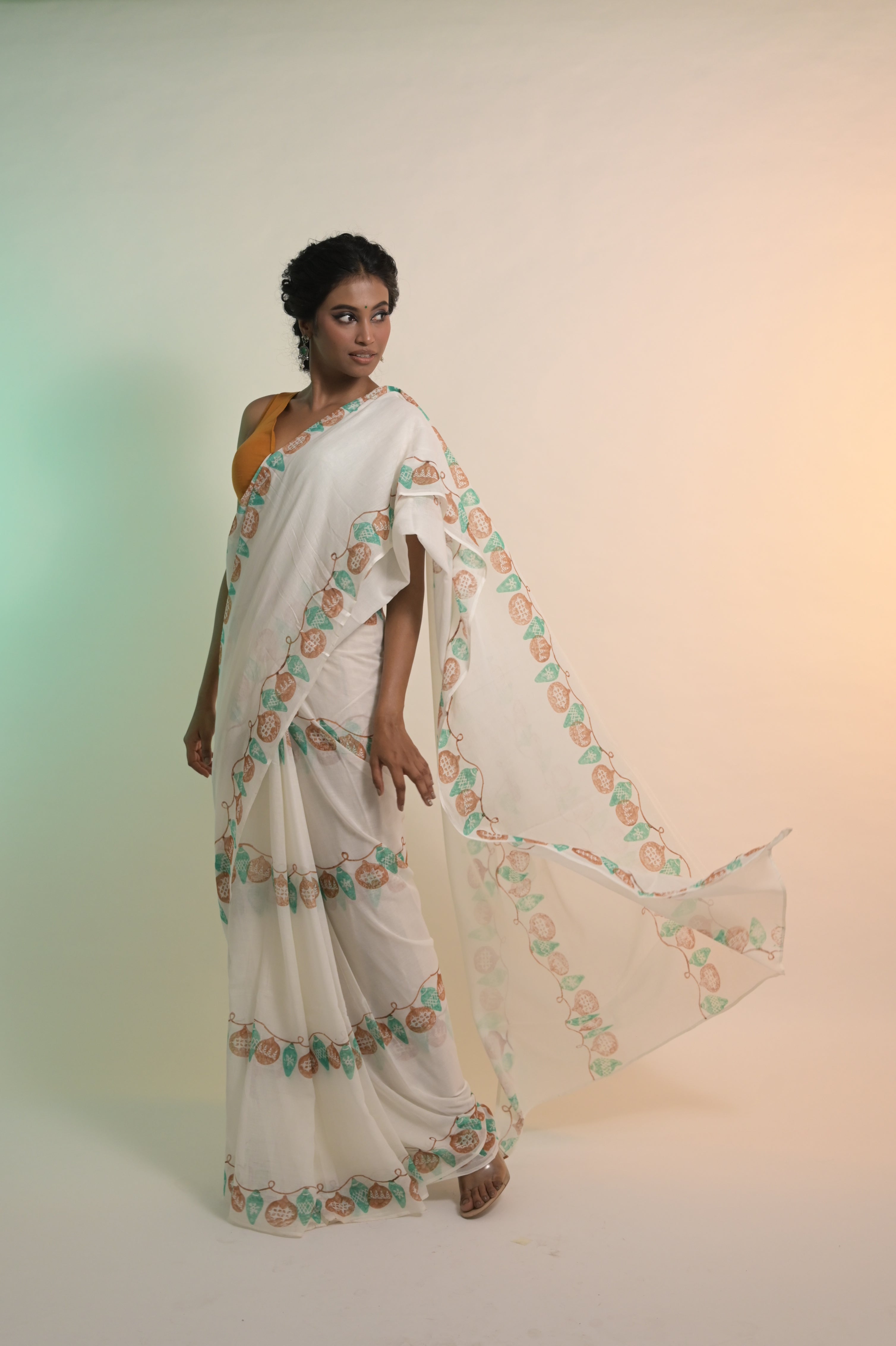 Light Up the Loom I White Mul Cotton Saree with Handblock-Printed Strings of Lights