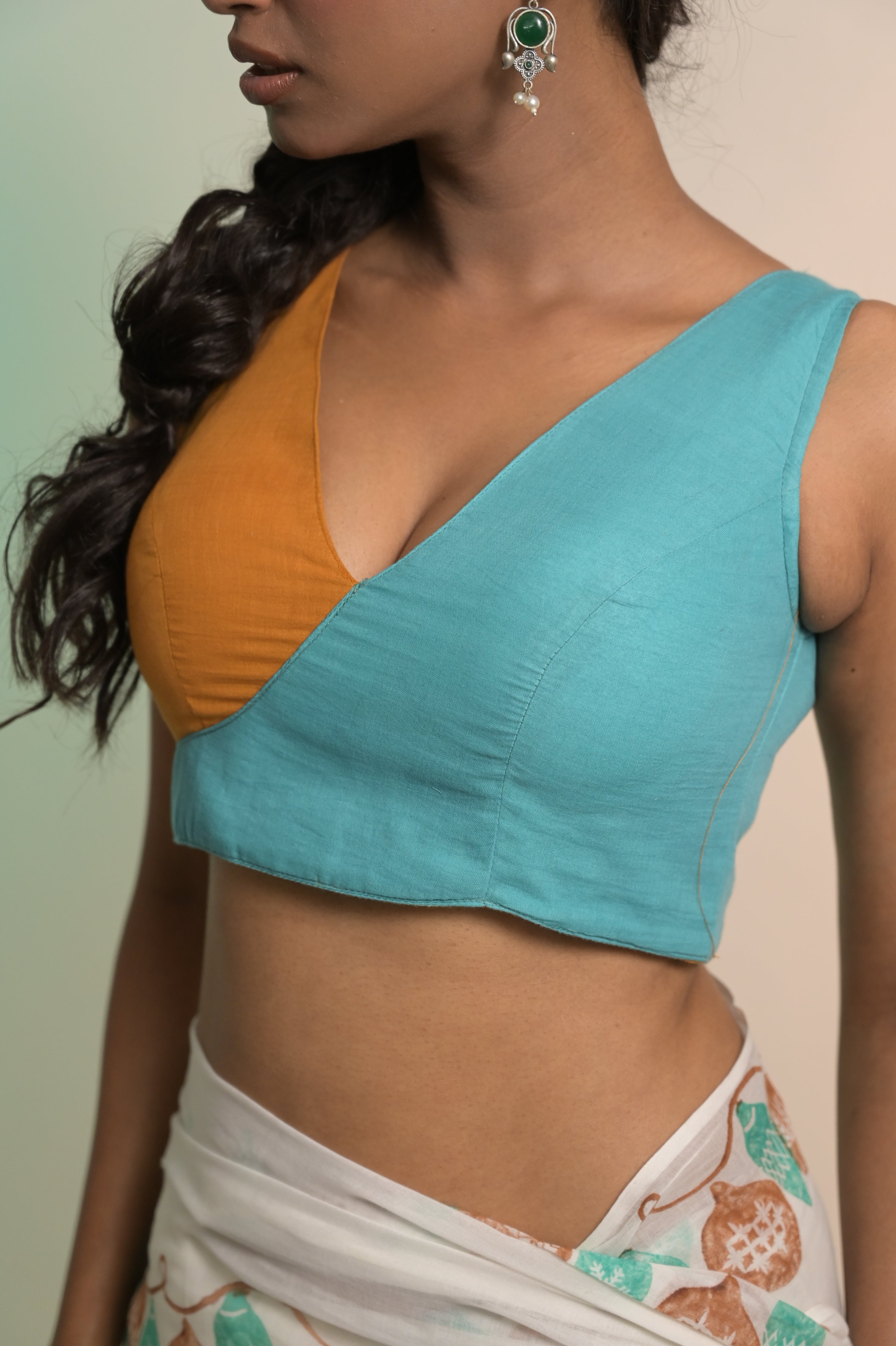 Rashi I Light Blue and Ochre Dual Colour Handloom Mul Cotton Designer Blouse