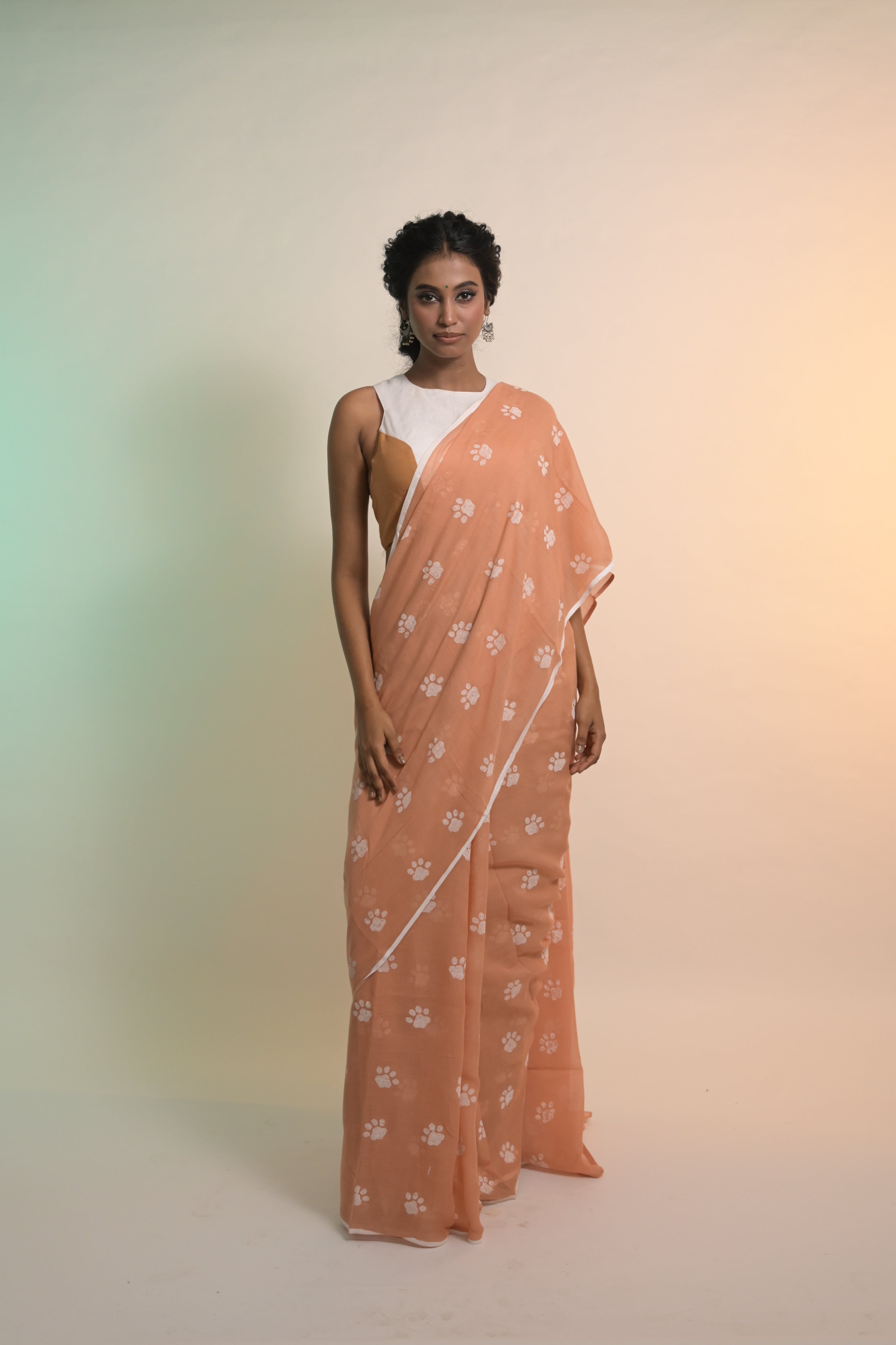 Paw-radise I Mocha Handloom Mul Cotton Saree with Handblock-Printed Paw Motifs