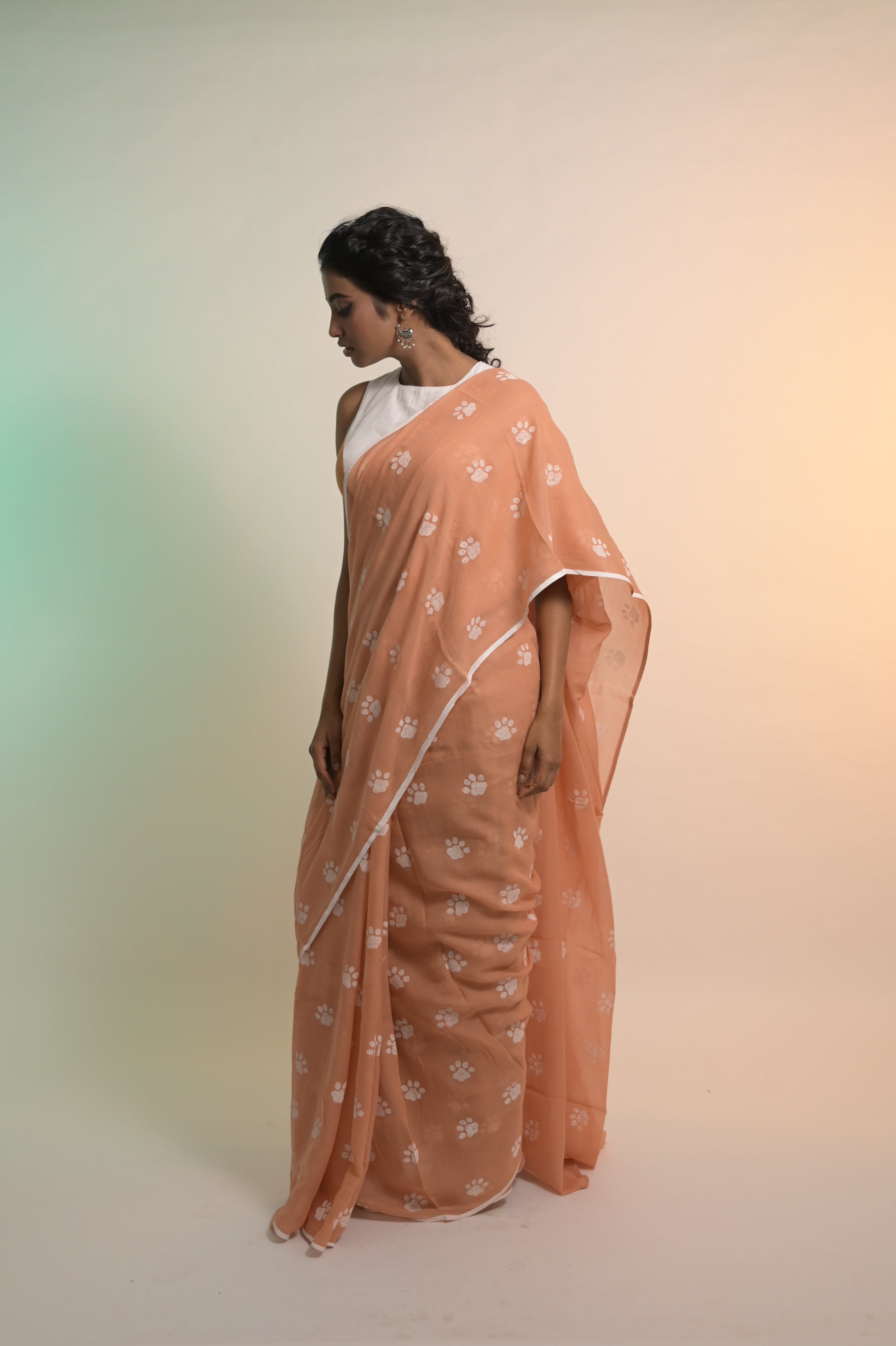 Paw-radise I Mocha Handloom Mul Cotton Saree with Handblock-Printed Paw Motifs