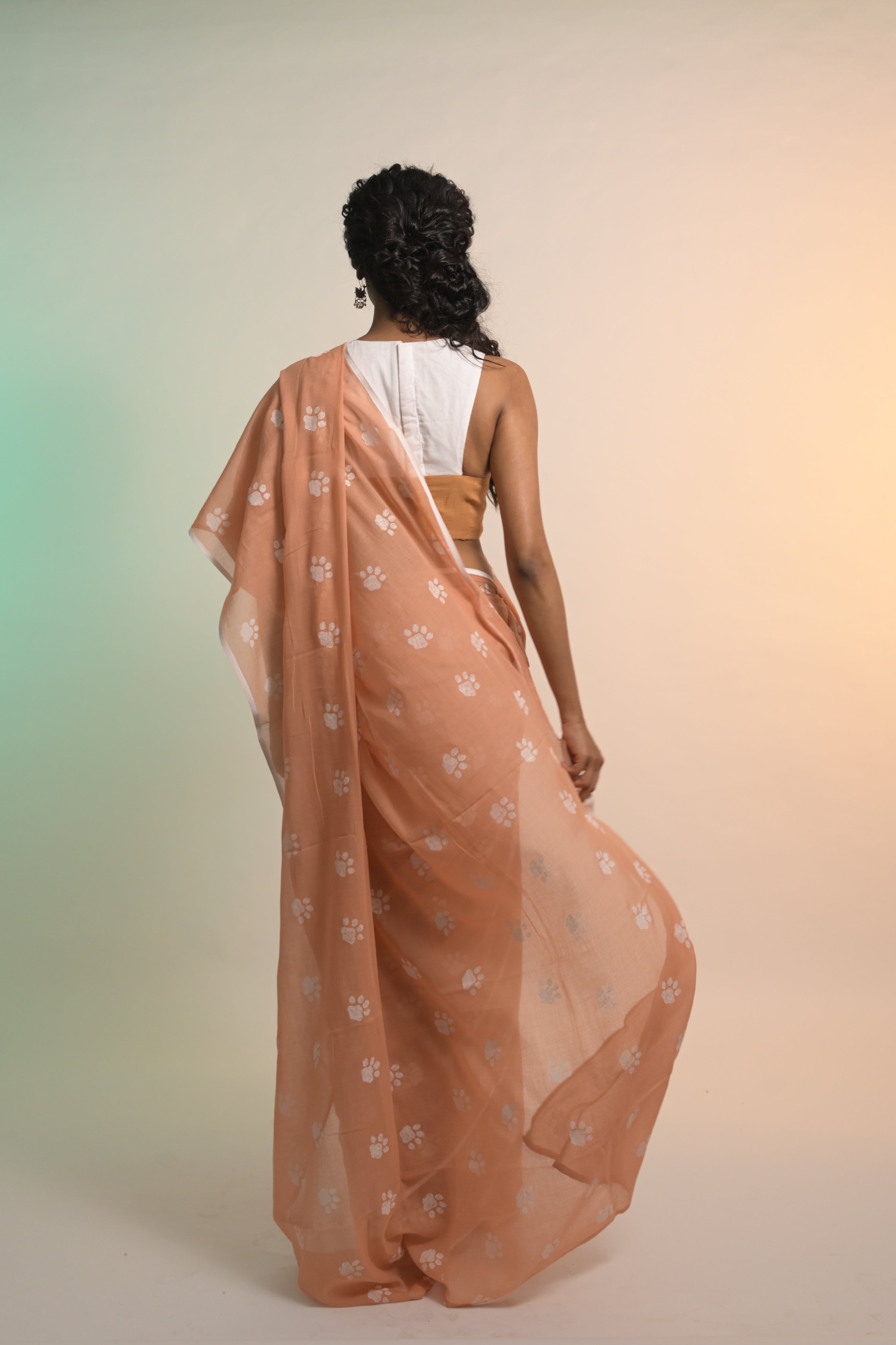 Paw-radise I Mocha Handloom Mul Cotton Saree with Handblock-Printed Paw Motifs