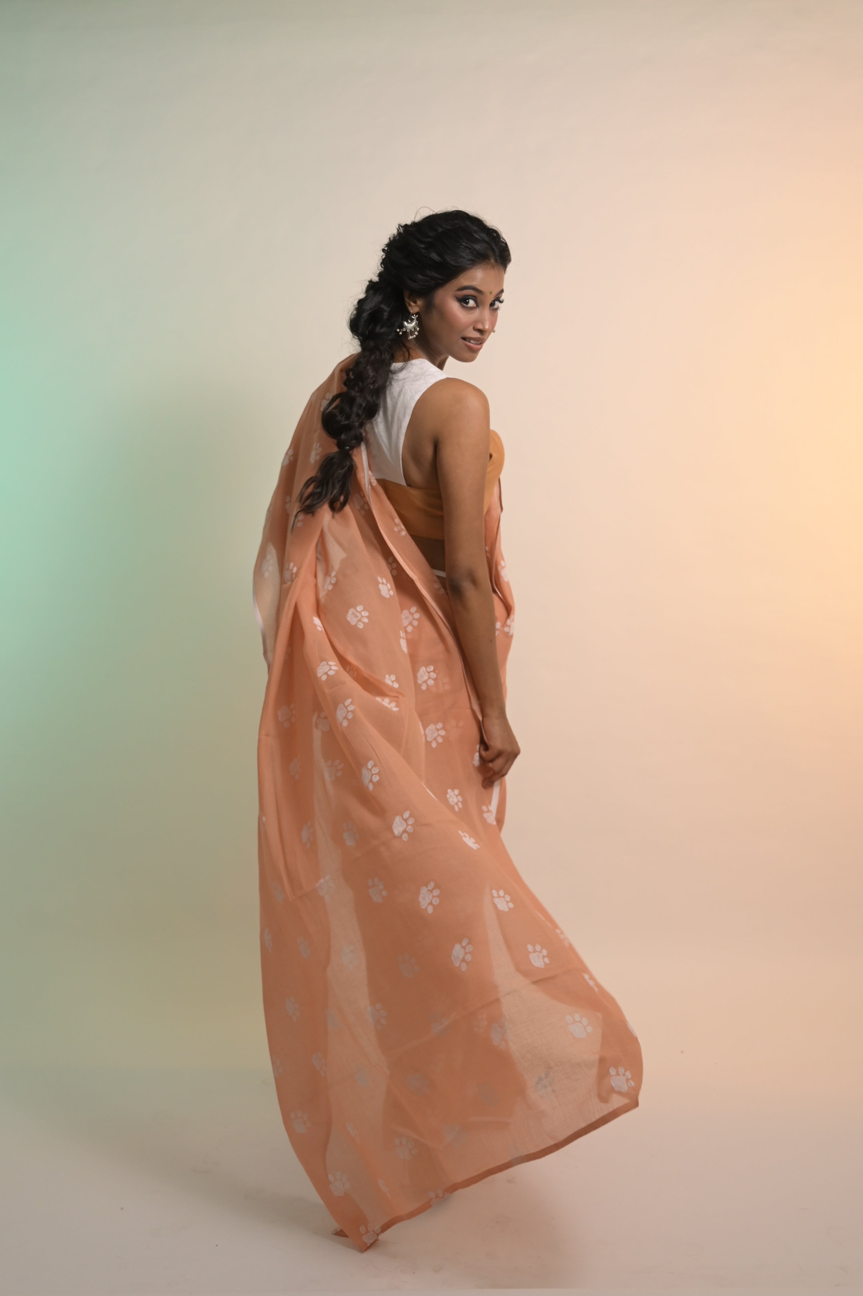 Paw-radise I Mocha Handloom Mul Cotton Saree with Handblock-Printed Paw Motifs
